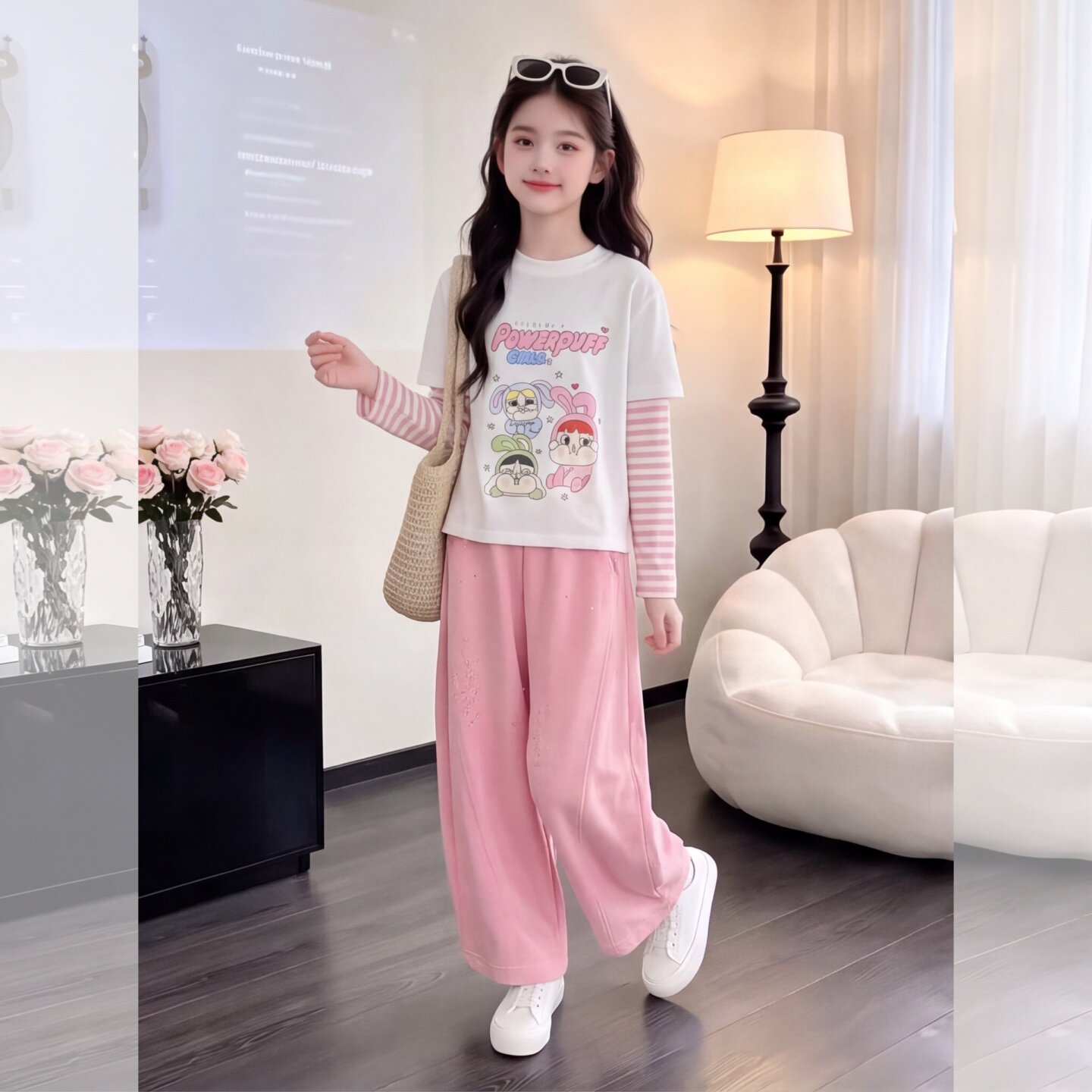 女童假两件长袖T恤弯刀卫裤套装2