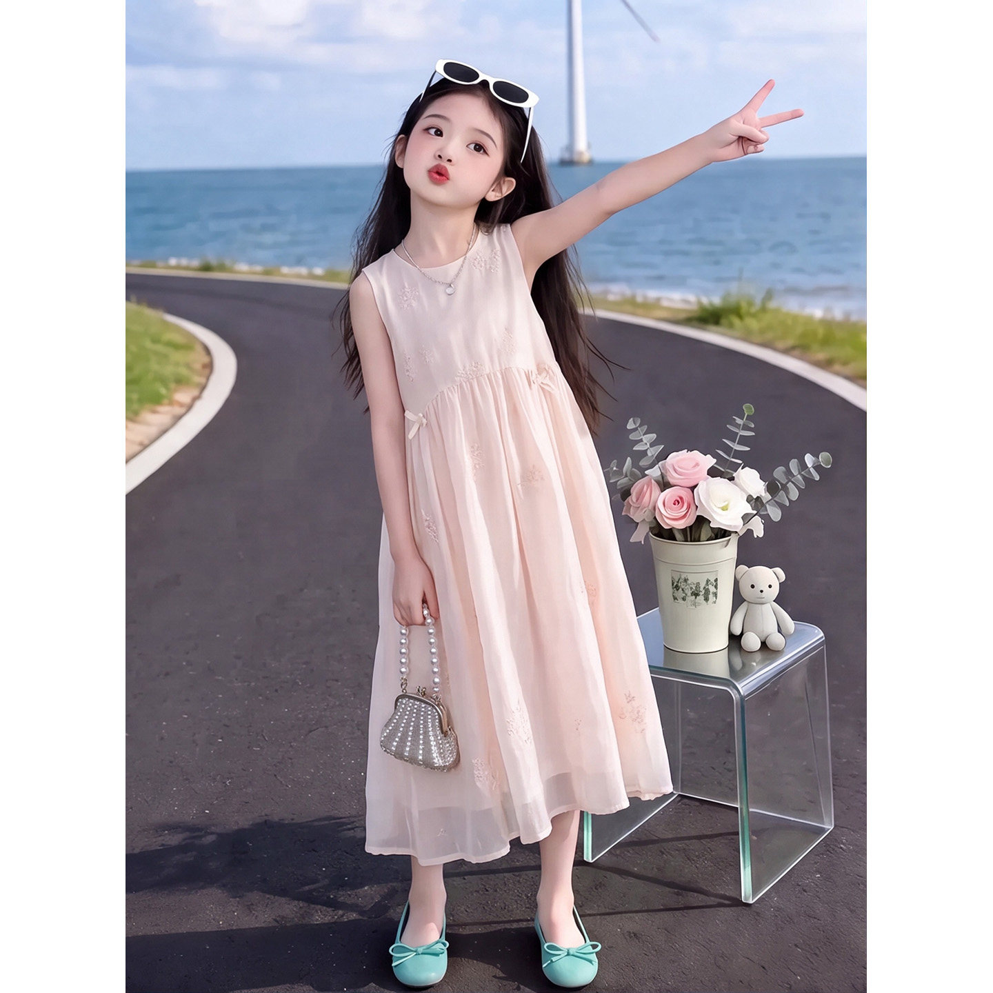 女童连衣裙夏季新款儿童浅粉色肌