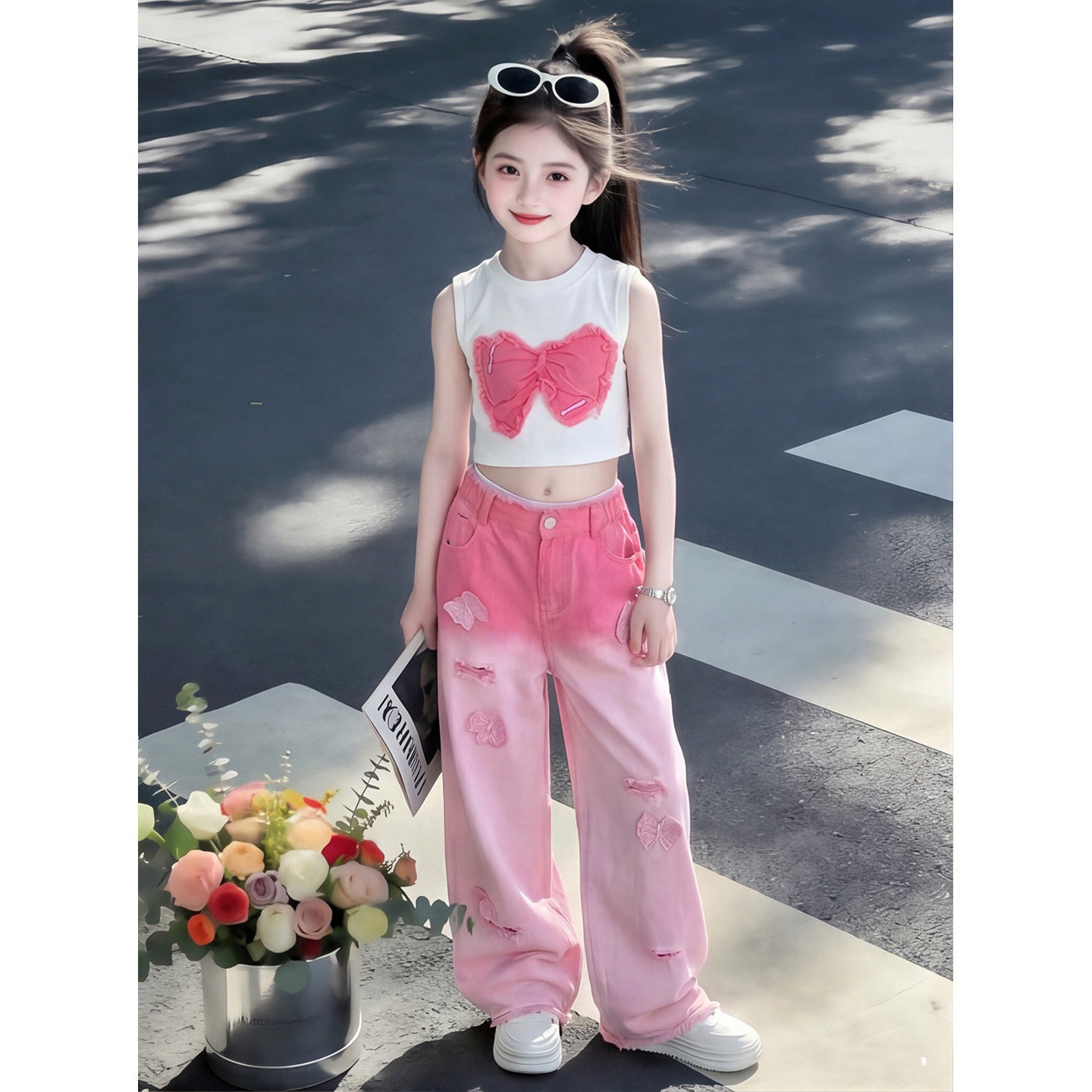 女童蝴蝶结背心套装夏装多巴胺