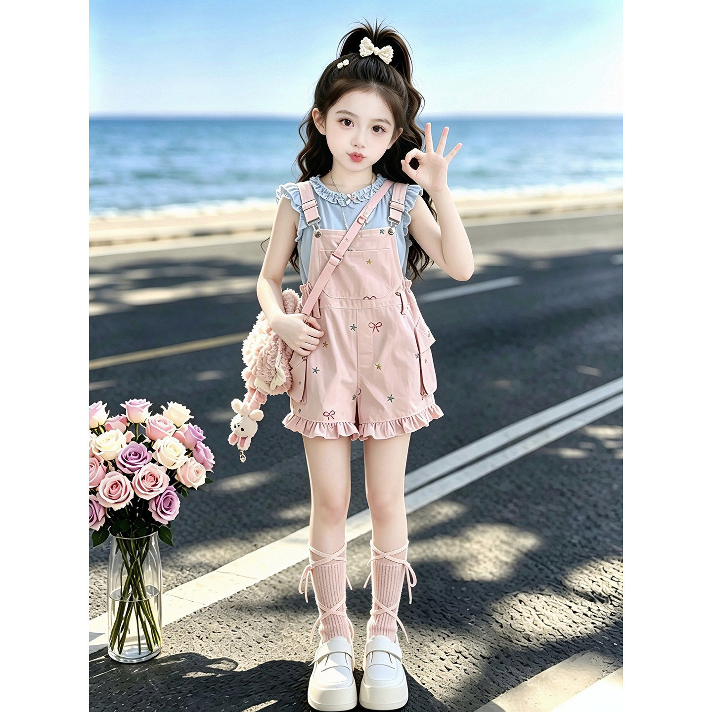 女童夏季套装2026新款儿童短袖T恤夏装女孩蝴蝶结背带裤两件套潮