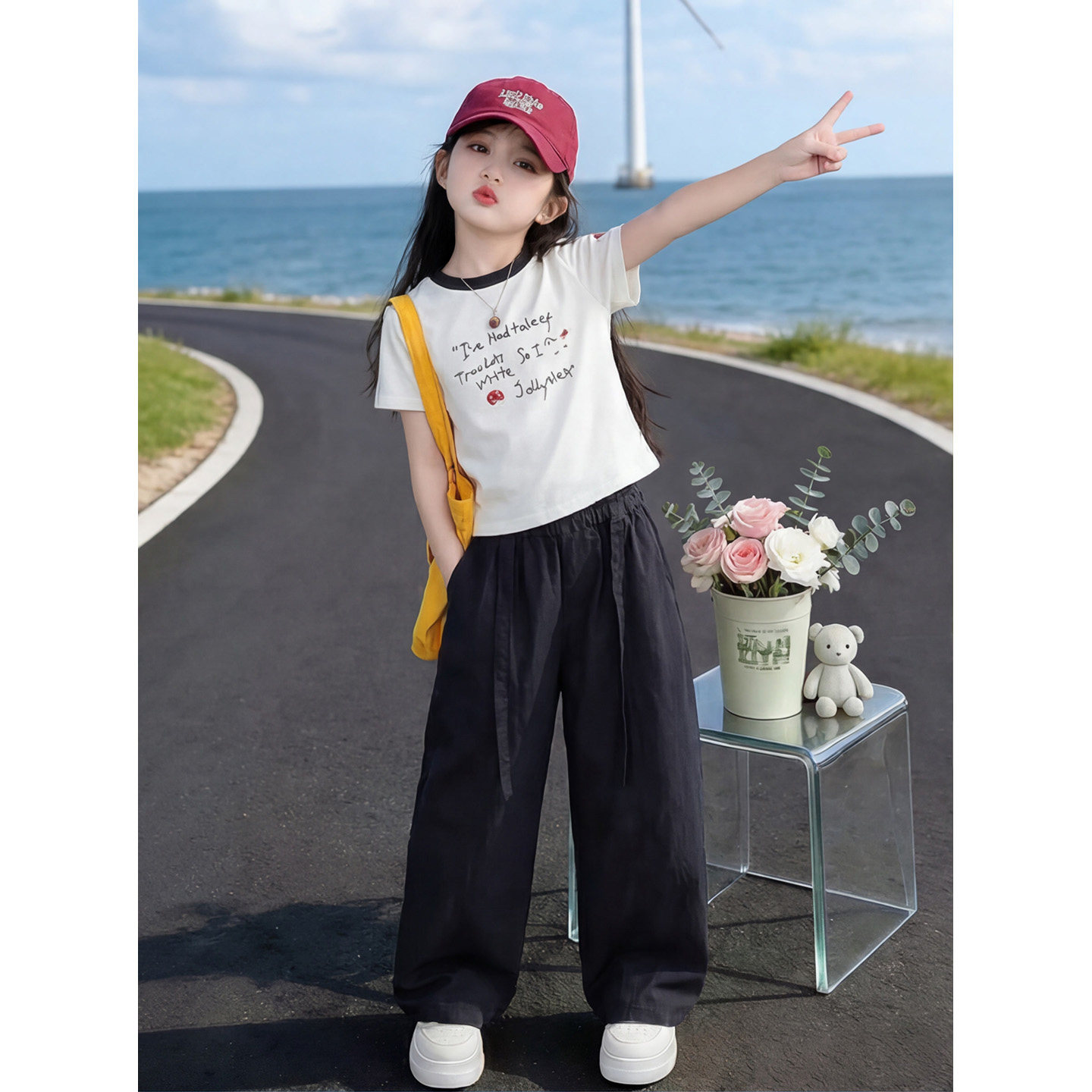 女童夏季字母短袖T恤阔腿裤套装