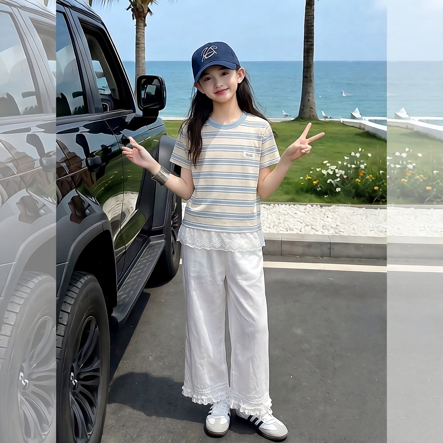 女童夏季条纹短袖蕾丝花边阔腿裤