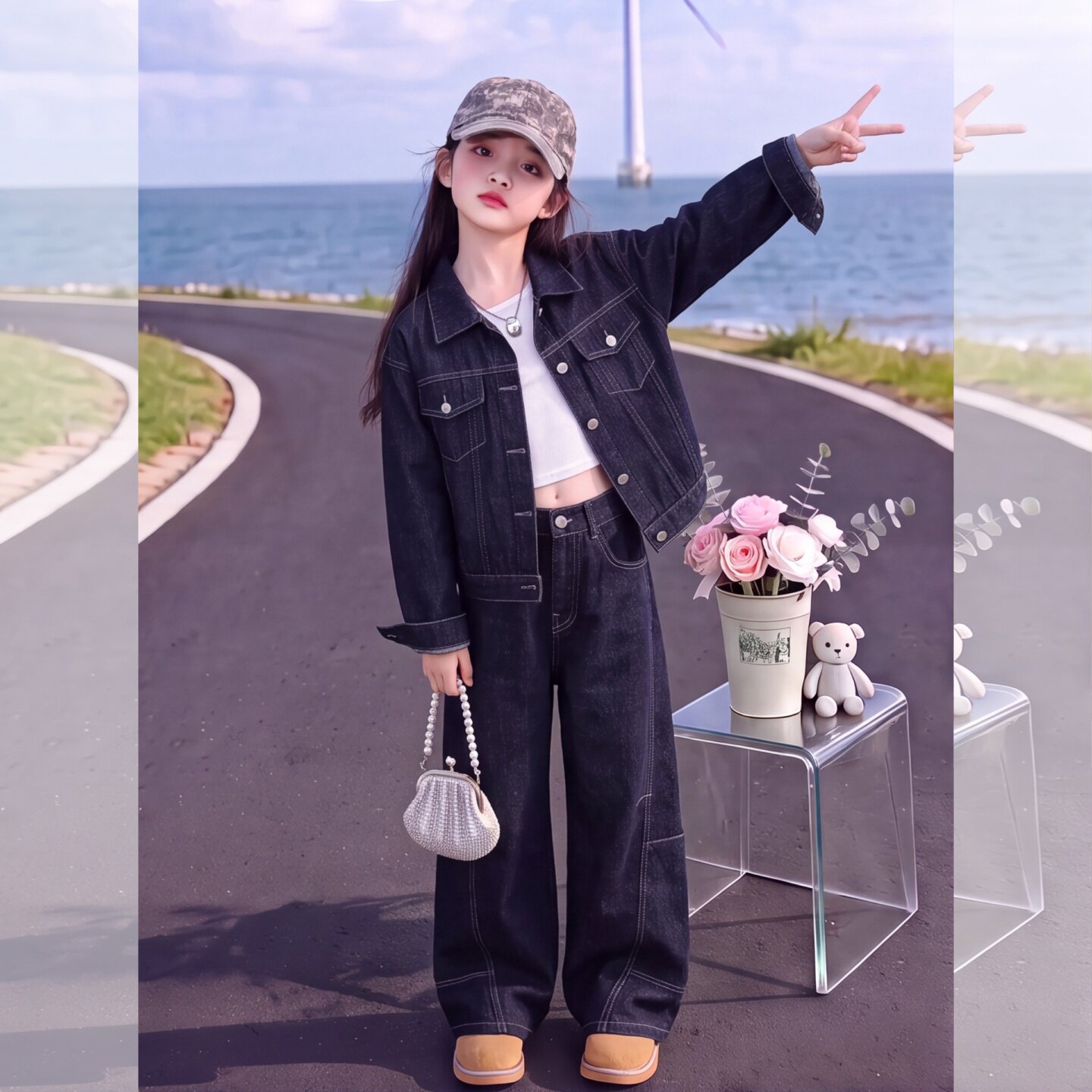 女童牛仔外套套装秋装2026新款儿