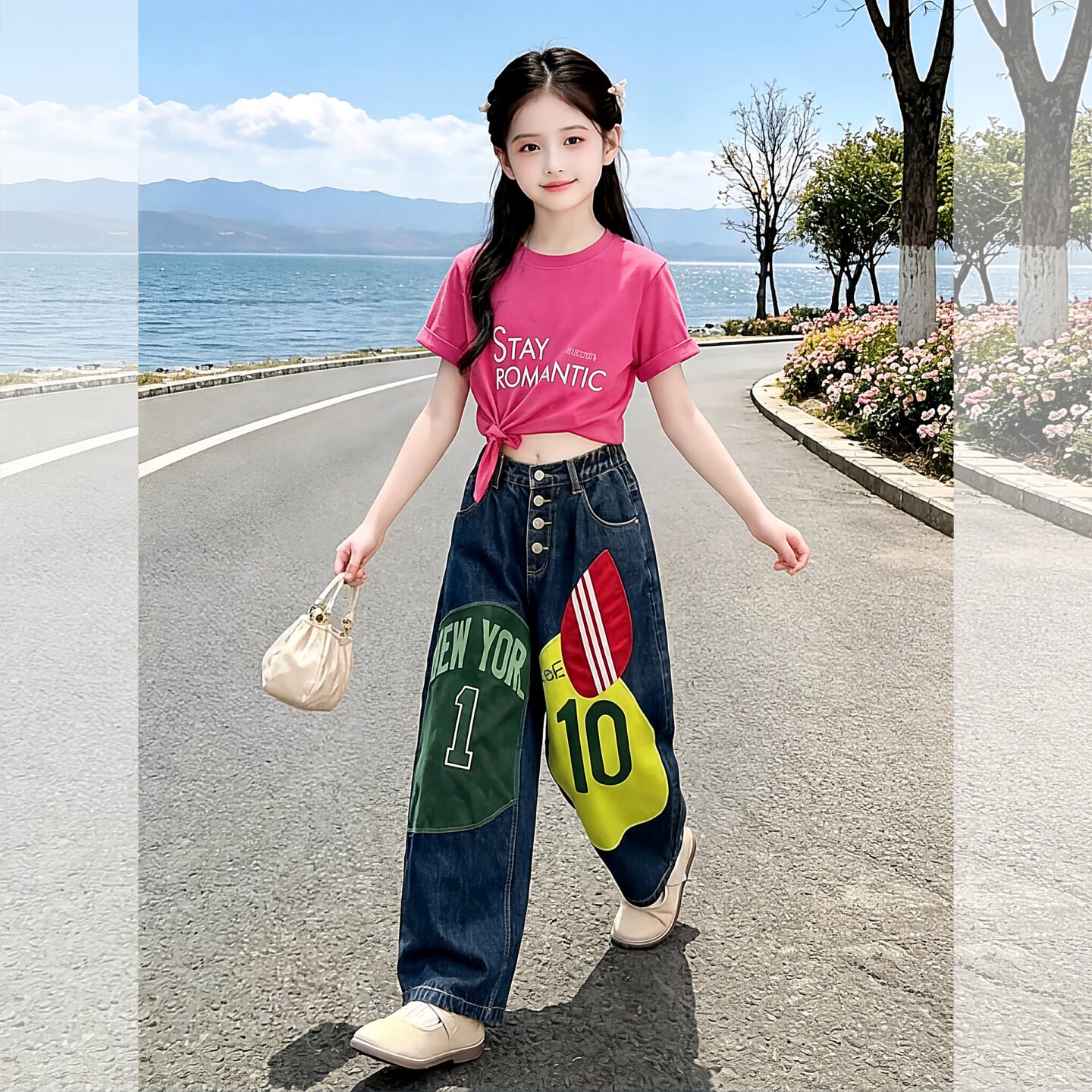 女童夏季玫红色短袖T恤中大童洋4