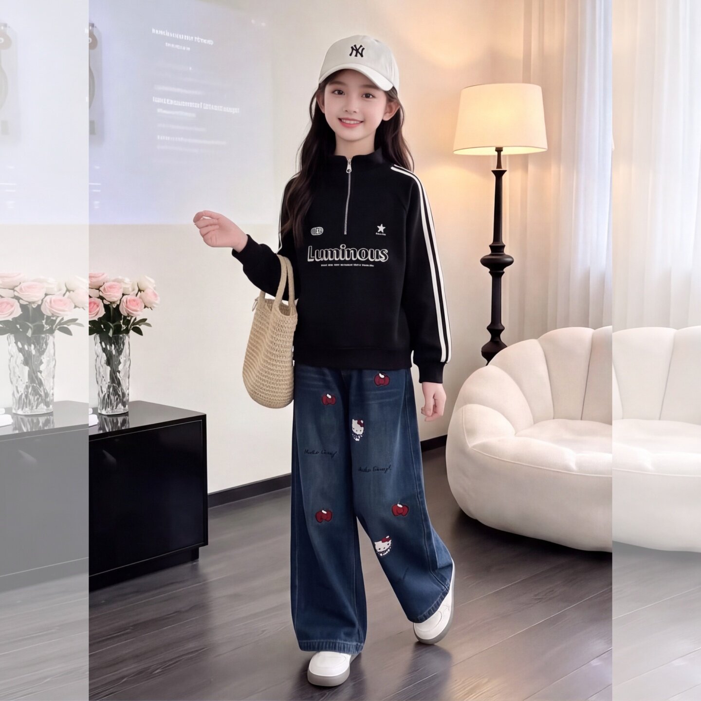 女童秋季款两条杠字母立领卫衣卡