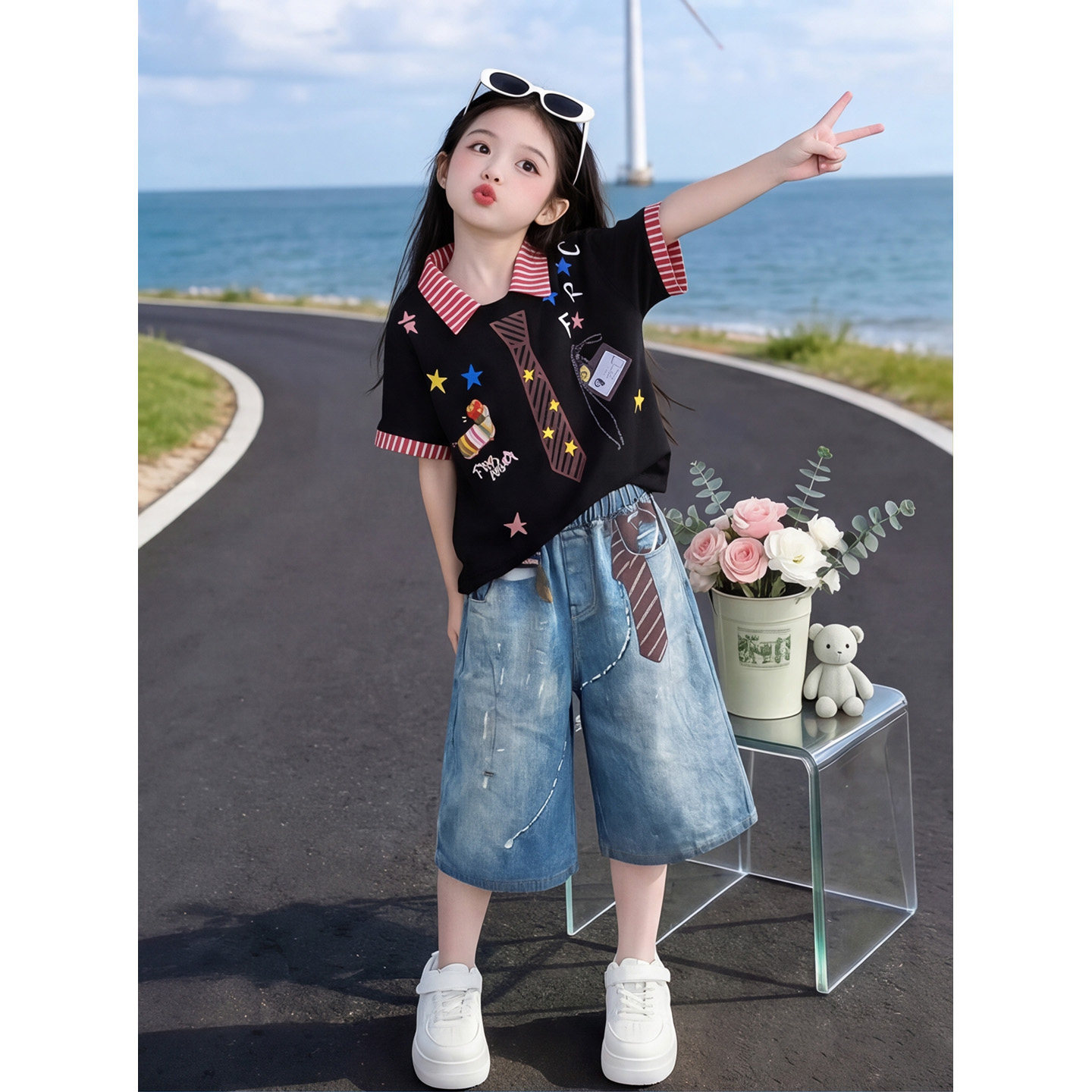 女童夏装假两件涂鸦套装2026新款时尚儿童潮酷风衬衫牛仔裤两件套