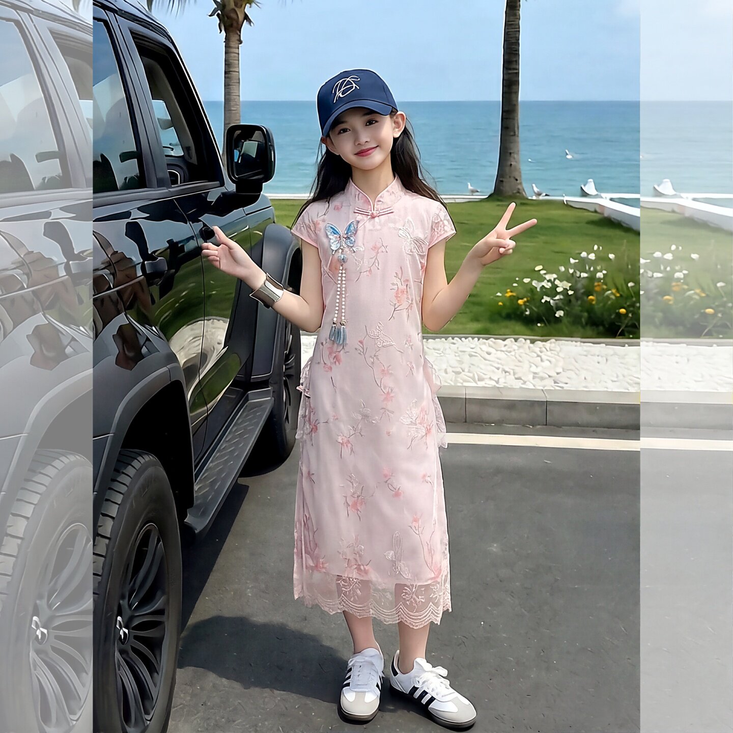 女童夏季中国风汉服拼接蕾丝裙子