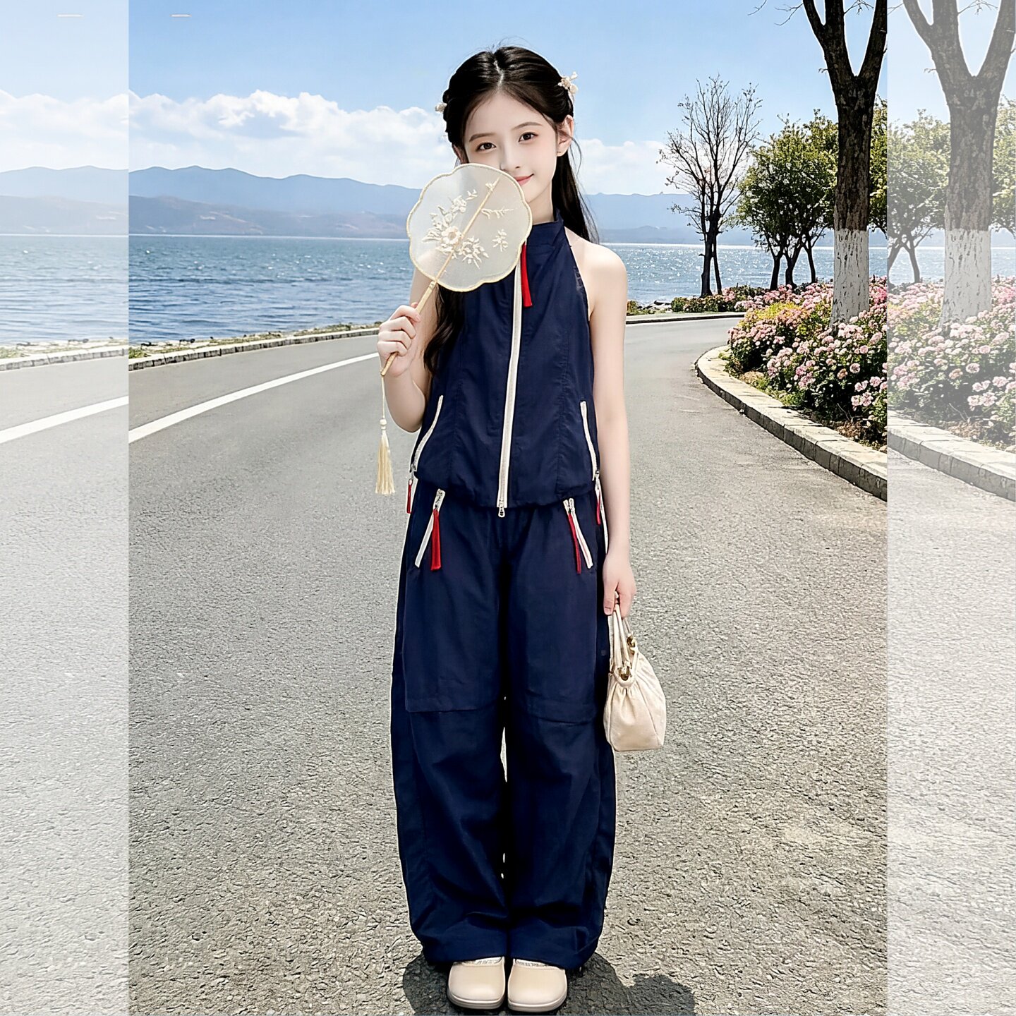 女童2026夏季新款时尚挂脖休闲个性中大童穿搭洋气工装阔腿裤套装