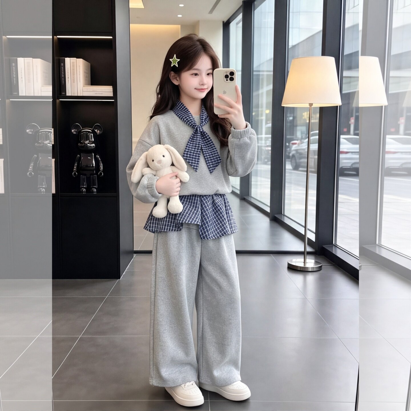 女童春秋格子领结屁帘卫衣两件套