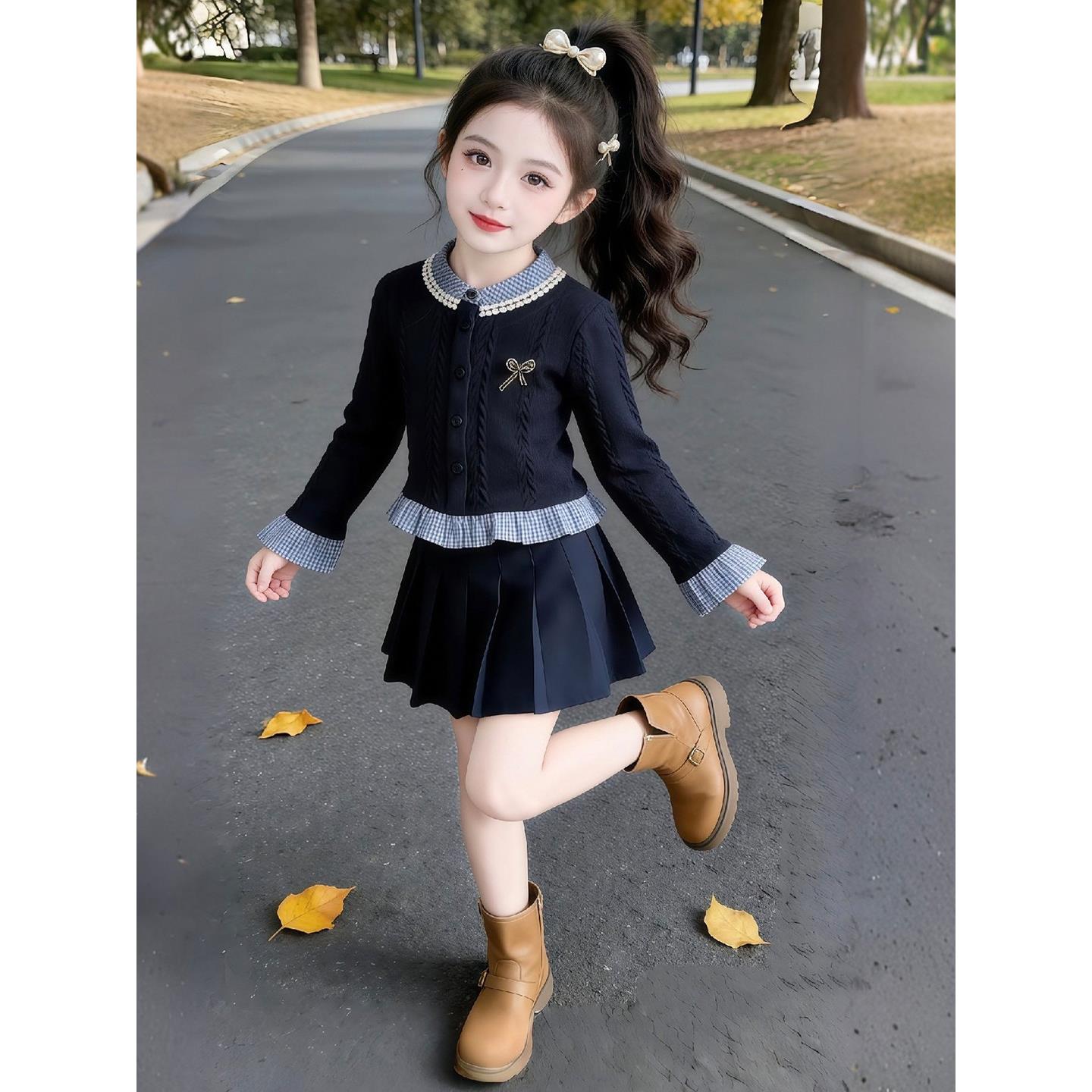 女童学院风套装春秋2026新款儿童针织上衣女大童秋季百褶裙两件套