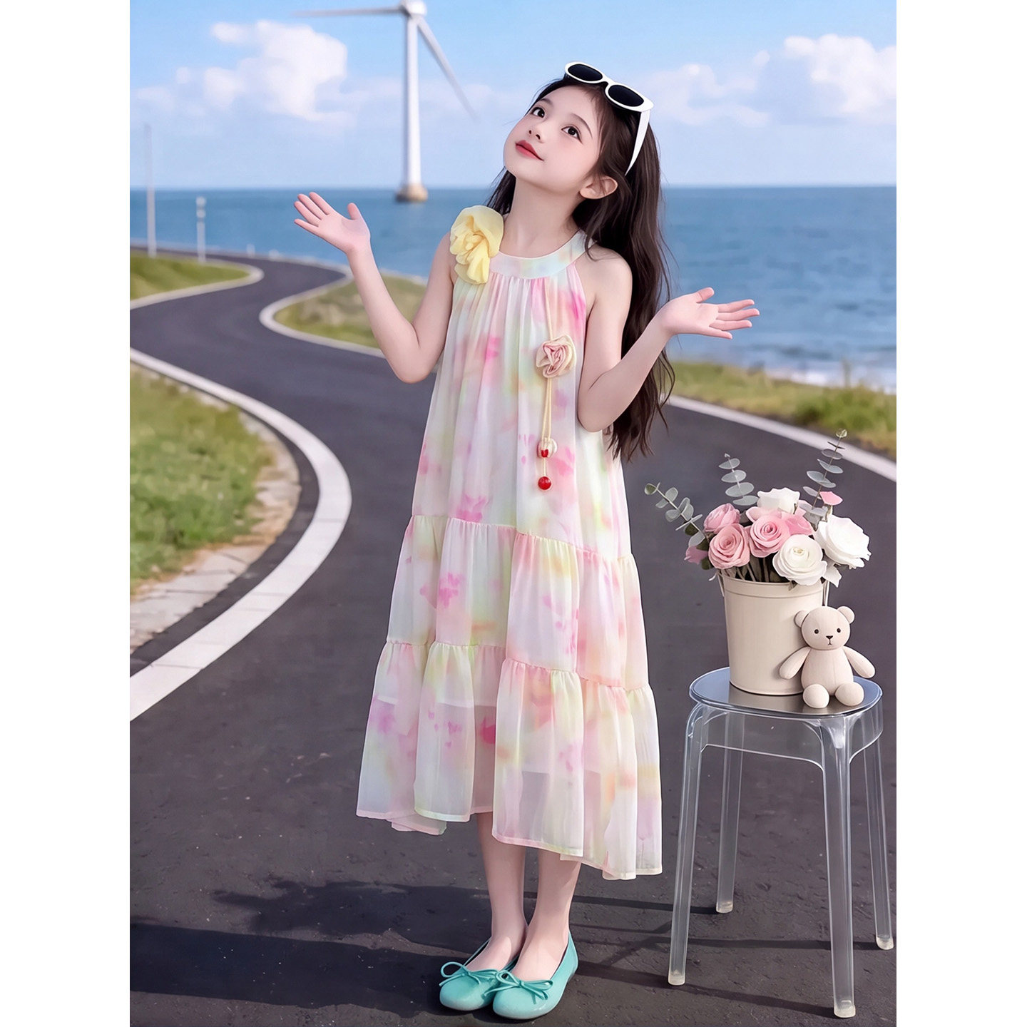 女童无袖蛋糕吊带连衣裙夏季中长