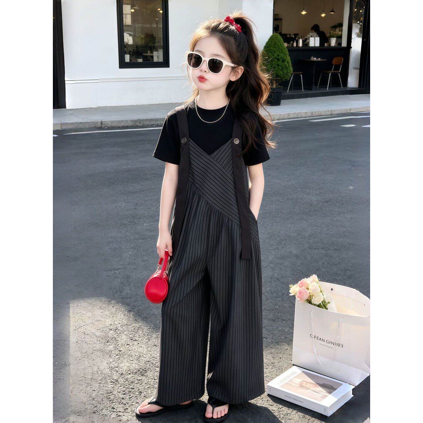 女童夏装黑色套装 短袖T恤阔腿背带裤 韩版洋气休闲两件套儿童潮