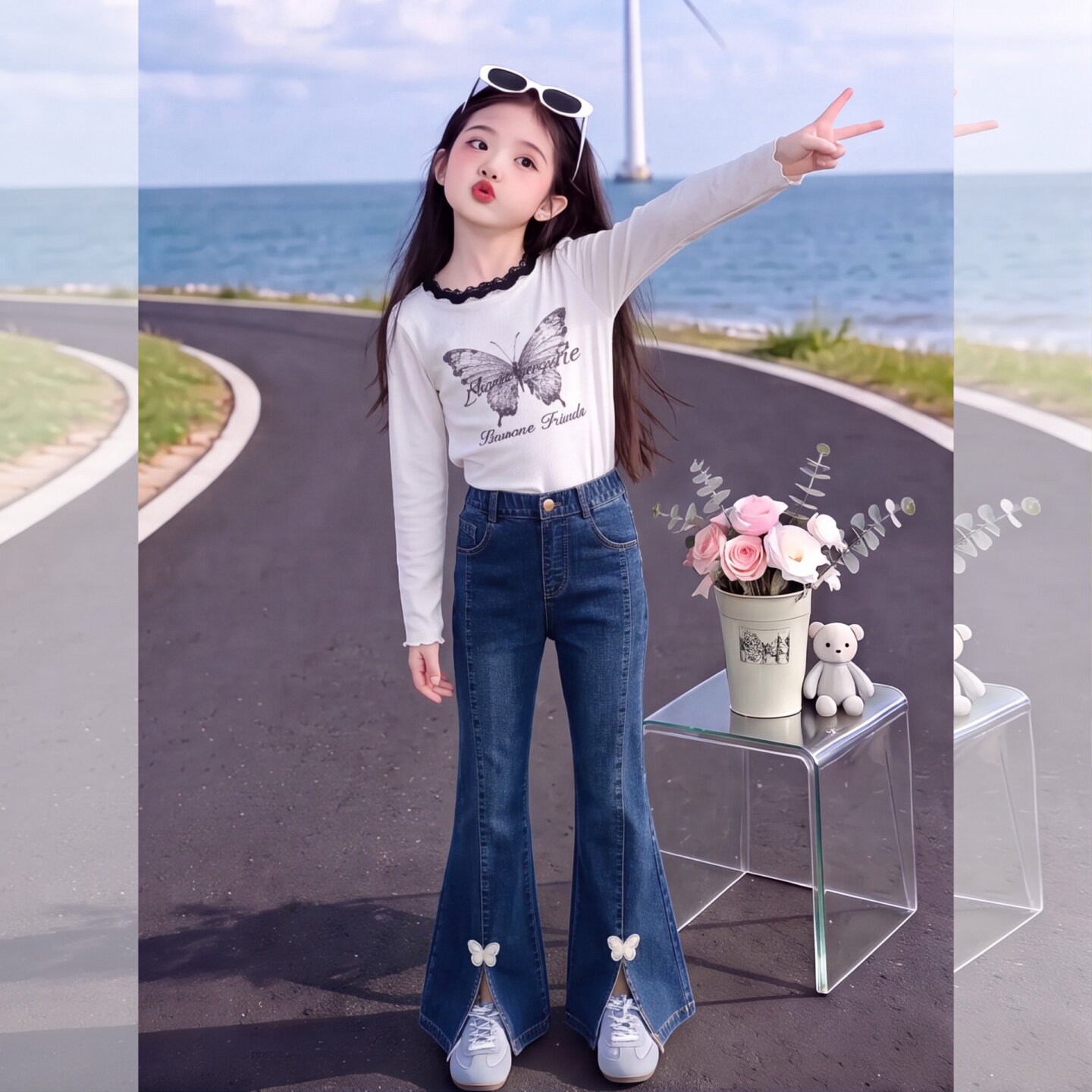 女童牛仔喇叭裤秋装款2025新款儿