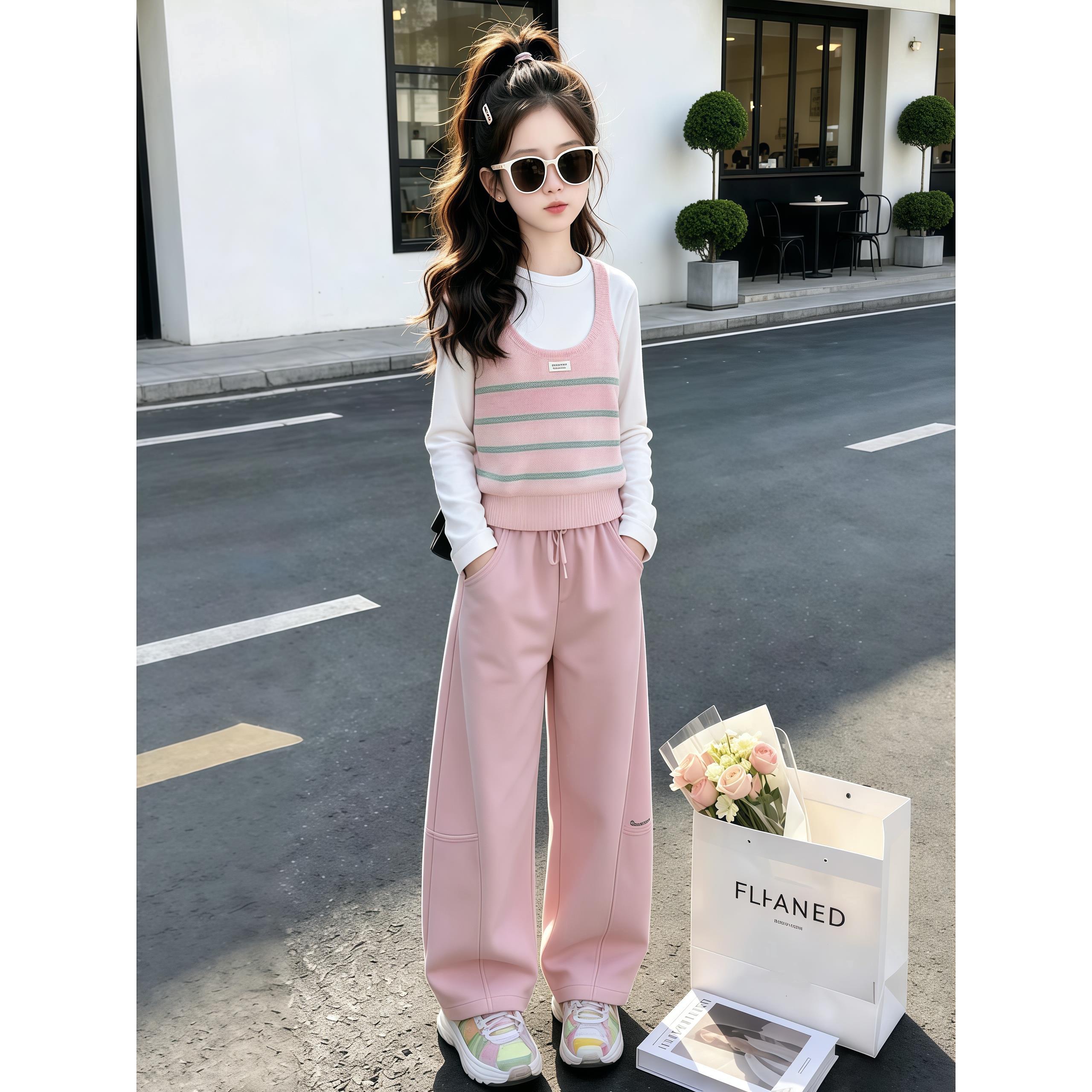 女童粉色条纹针织马甲套装春秋新款长袖T恤阔腿裤洋气三件套休闲