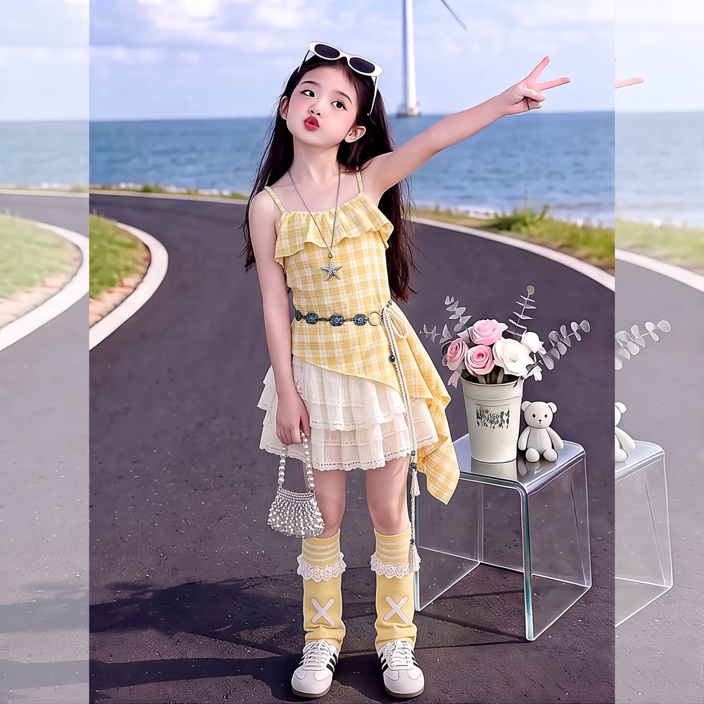 女童夏季不规则格子吊带半身裙套