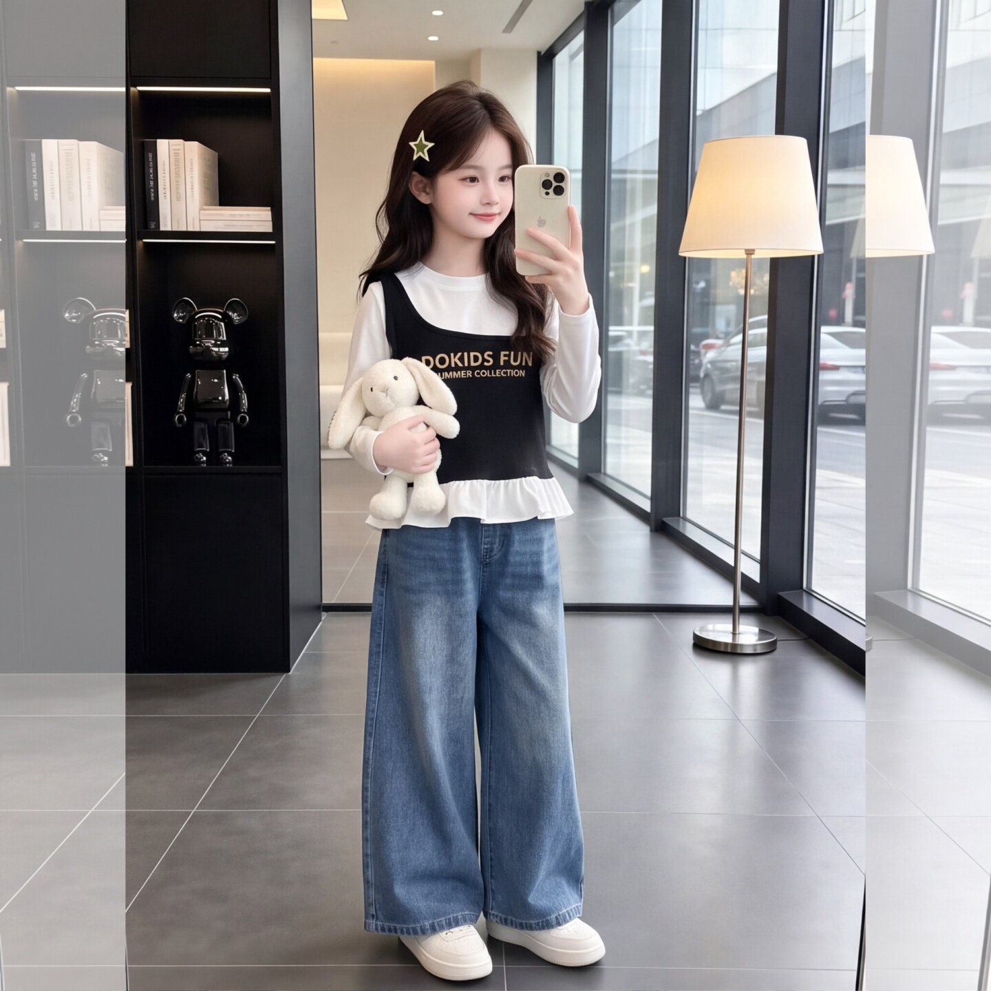 女童春秋新款假两件牛仔两件套