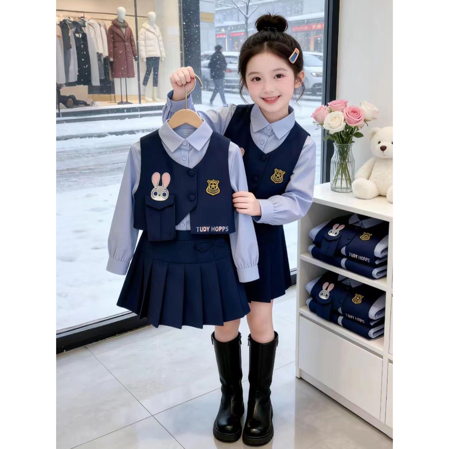 女童学院风套装春秋款2026新款朱迪兔子警官儿童连衣裙女孩jk制服