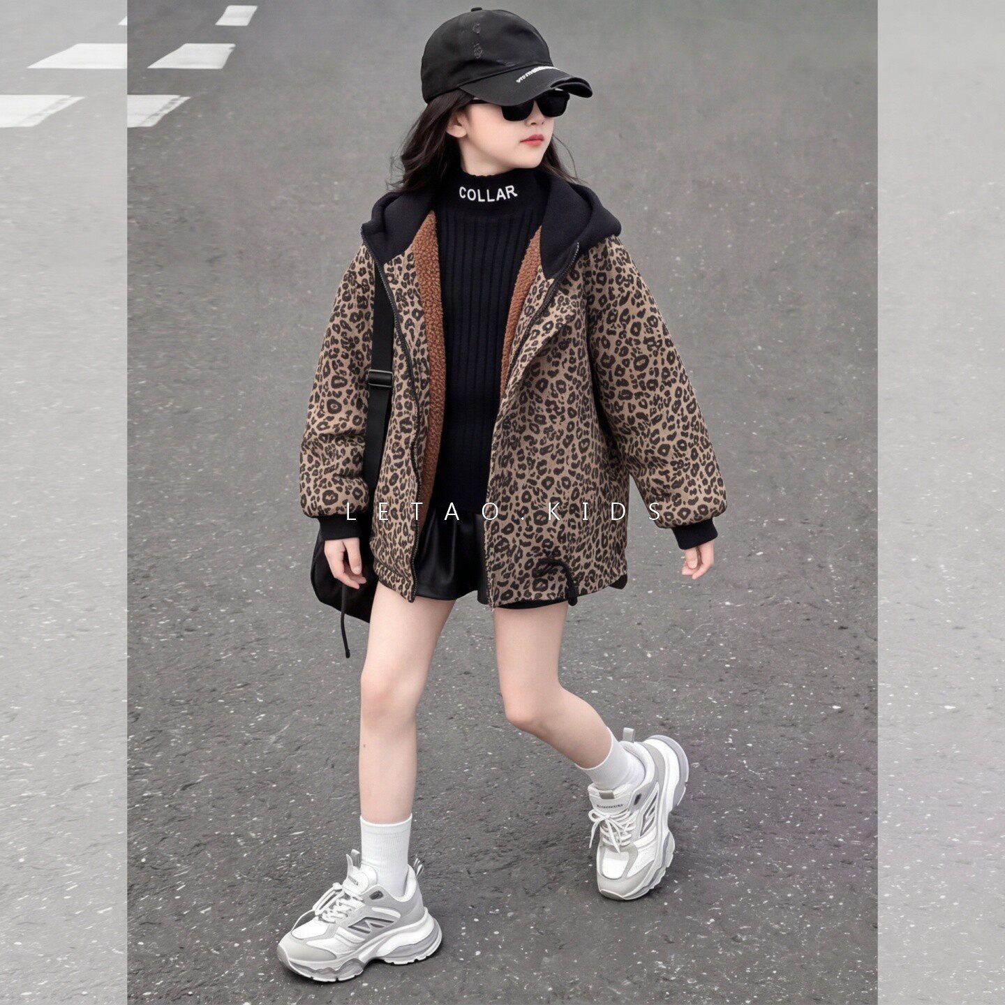 女童秋冬加绒加厚豹纹休闲外套