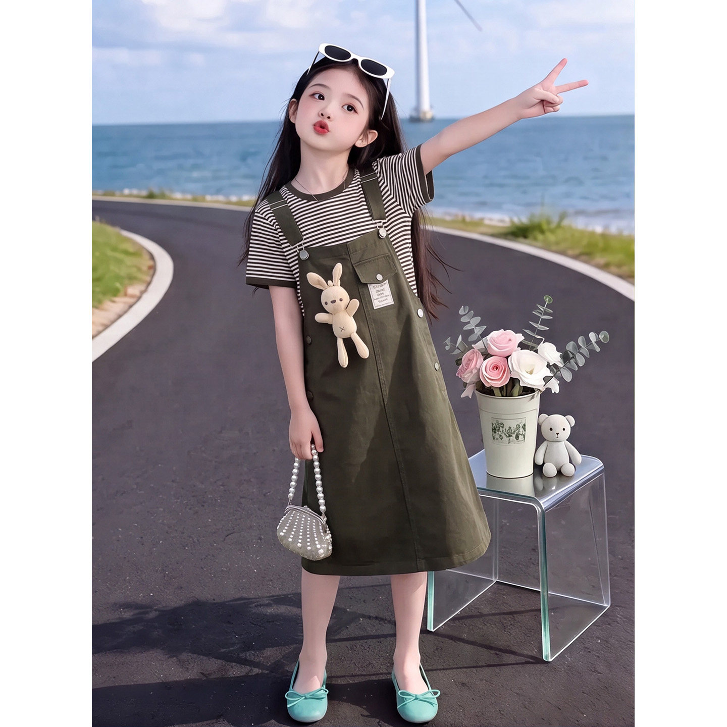 女童背带裙夏季套装2026新款儿童夏装洋气连衣裙大童短袖公主裙子