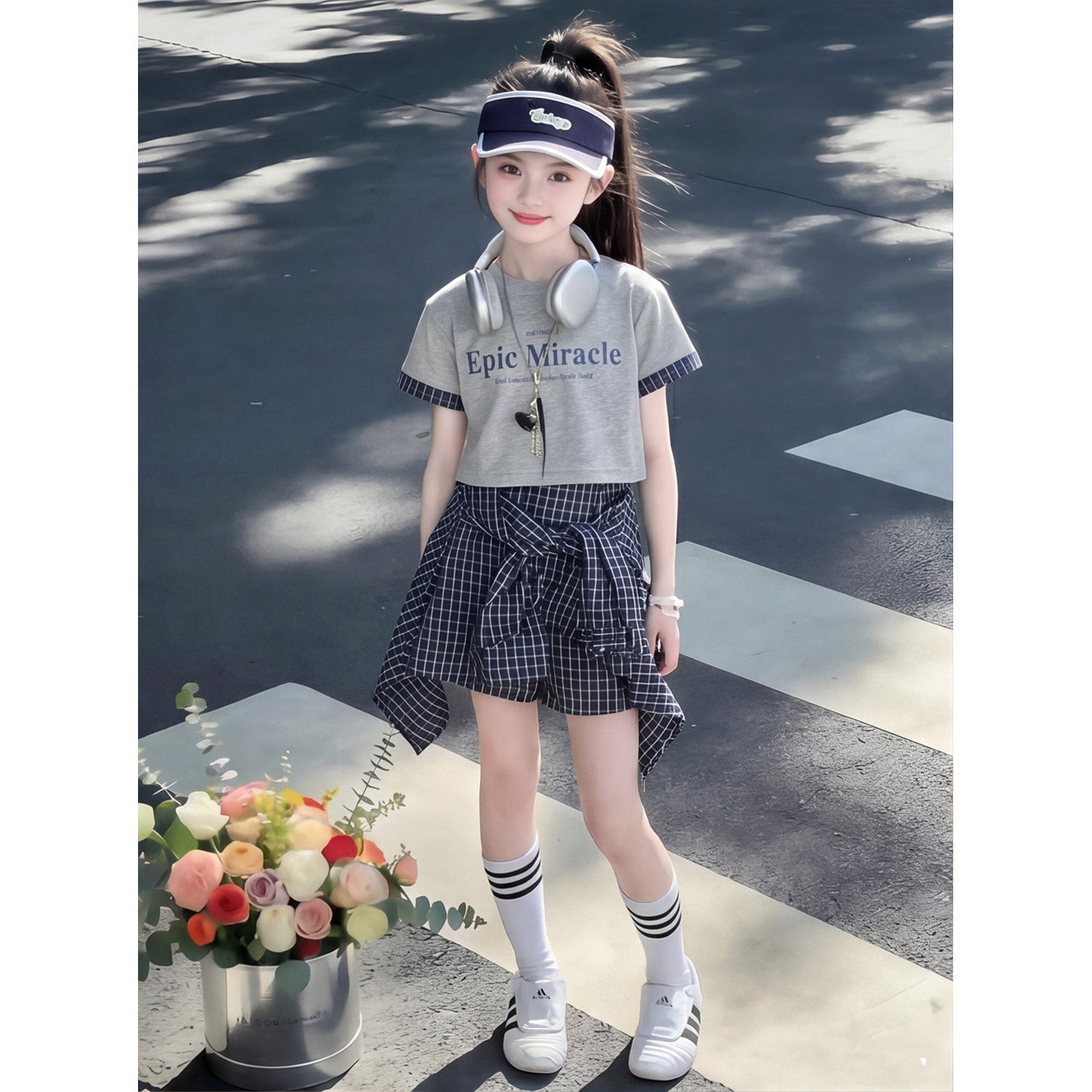 女童短袖t恤裙裤套装2026夏季韩版短款背心格纹短裤女孩时髦夏装