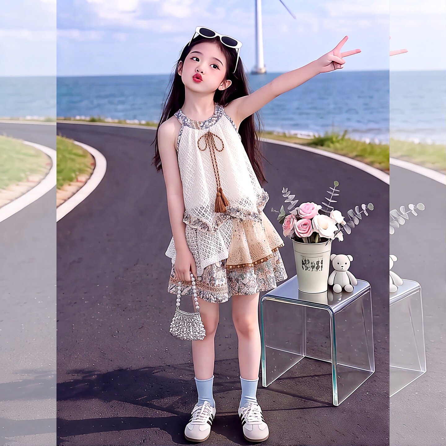 女童挂脖碎花屁帘短裤套装2026新