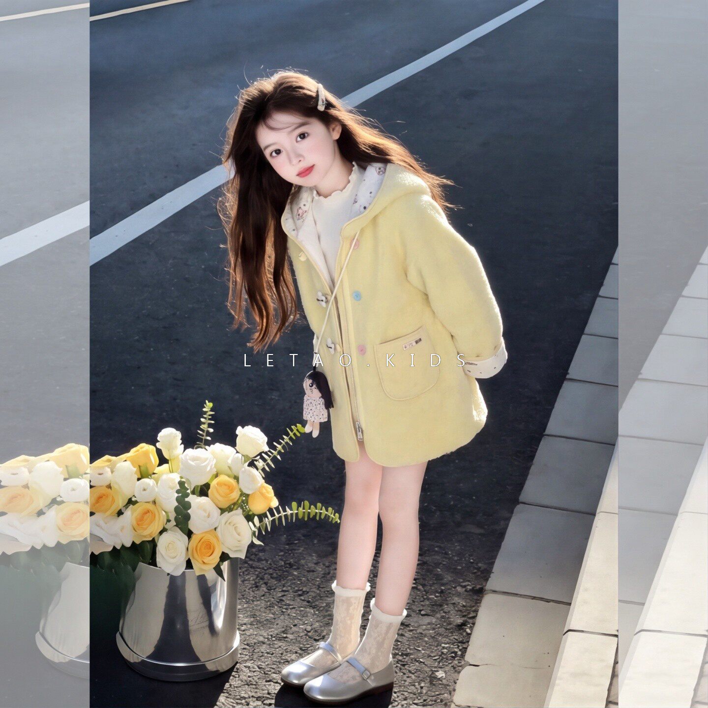 女童连帽加绒加厚中长款毛毛大衣
