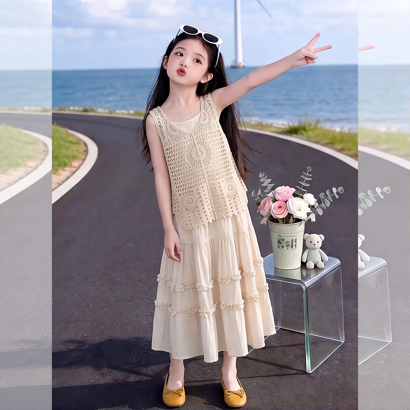 女童夏镂空上衣沙滩长款连衣裙套