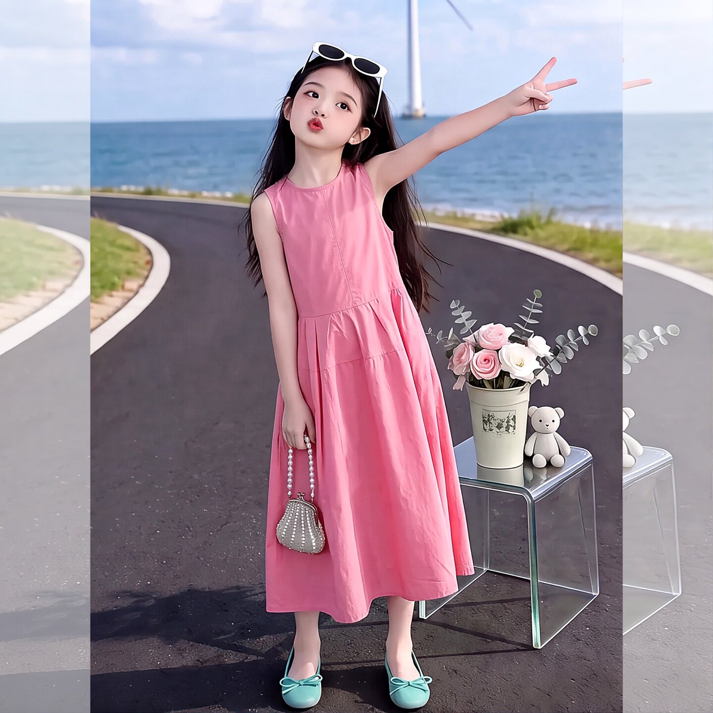 多巴胺玫红色无袖背心连衣裙子女