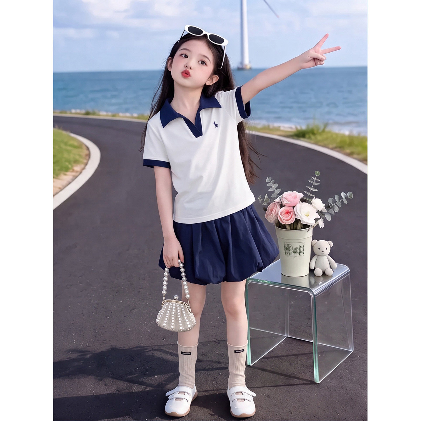 女童套装2026新款夏季儿童翻领学