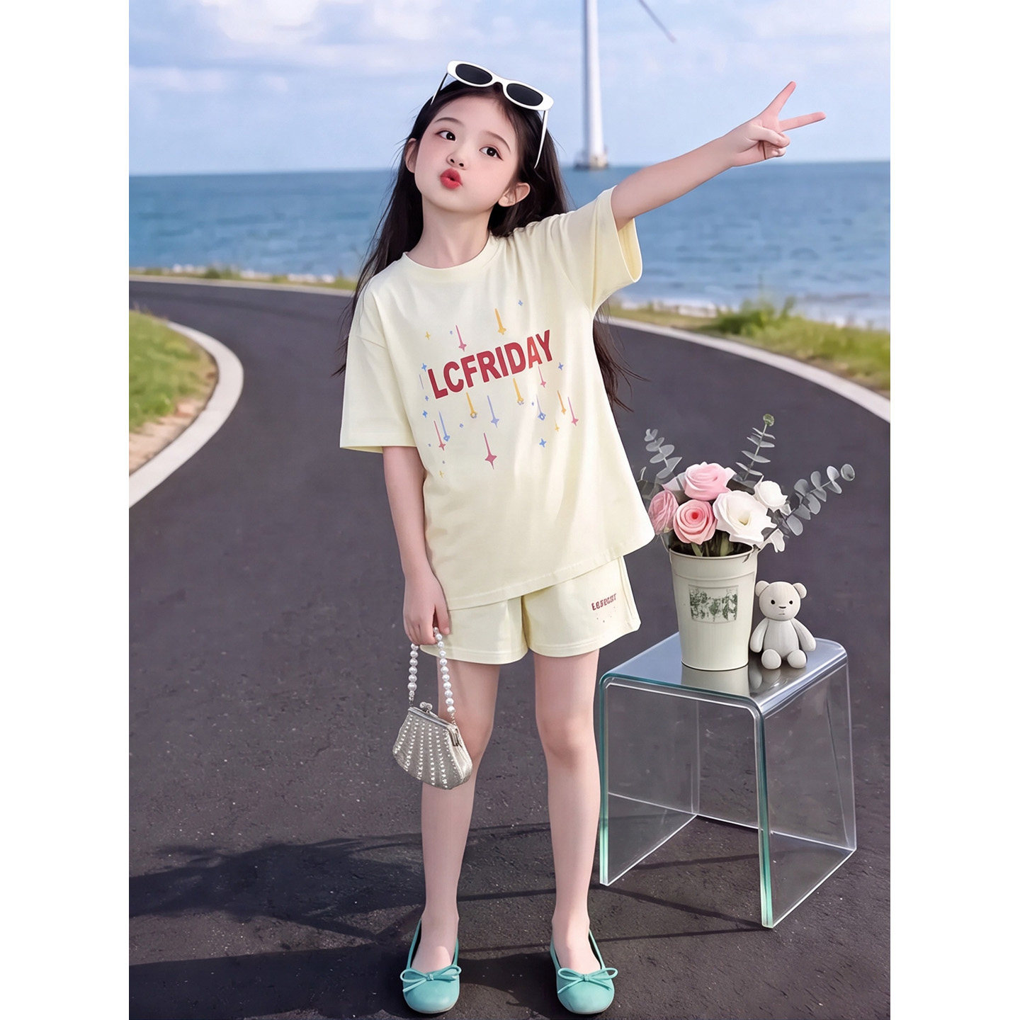 女童夏季韩版字母T恤短裤两件套2