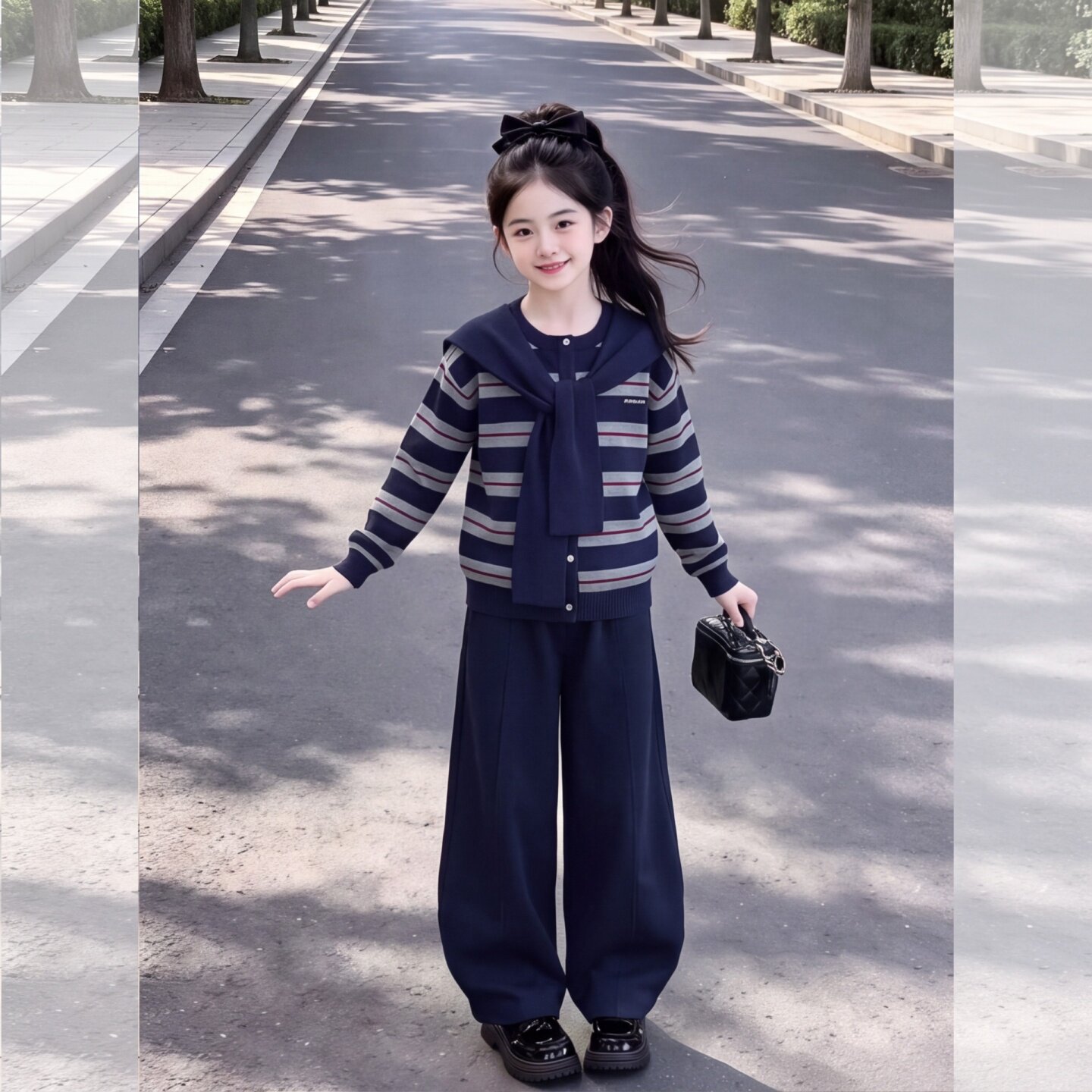 女童秋季条纹针织开衫弯刀裤两件
