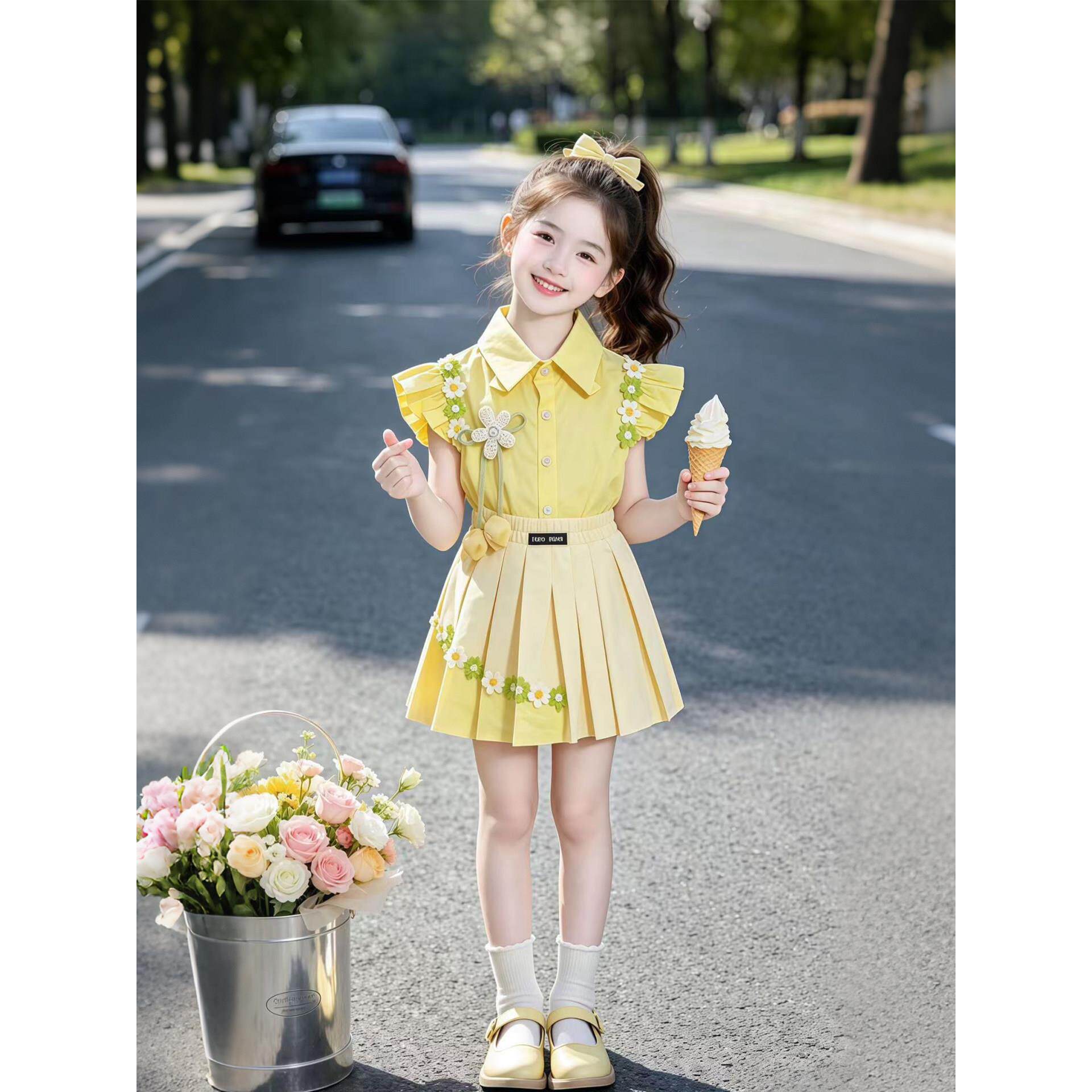 女童套装夏季2026新款儿童洋气短袖女宝夏装飞袖衬衫百褶裙两件套