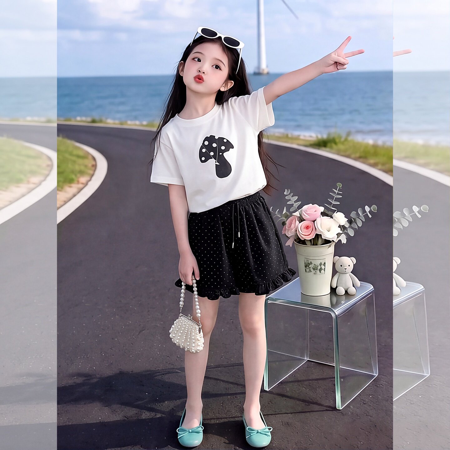 女童短袖T恤波点短裤套装两件套