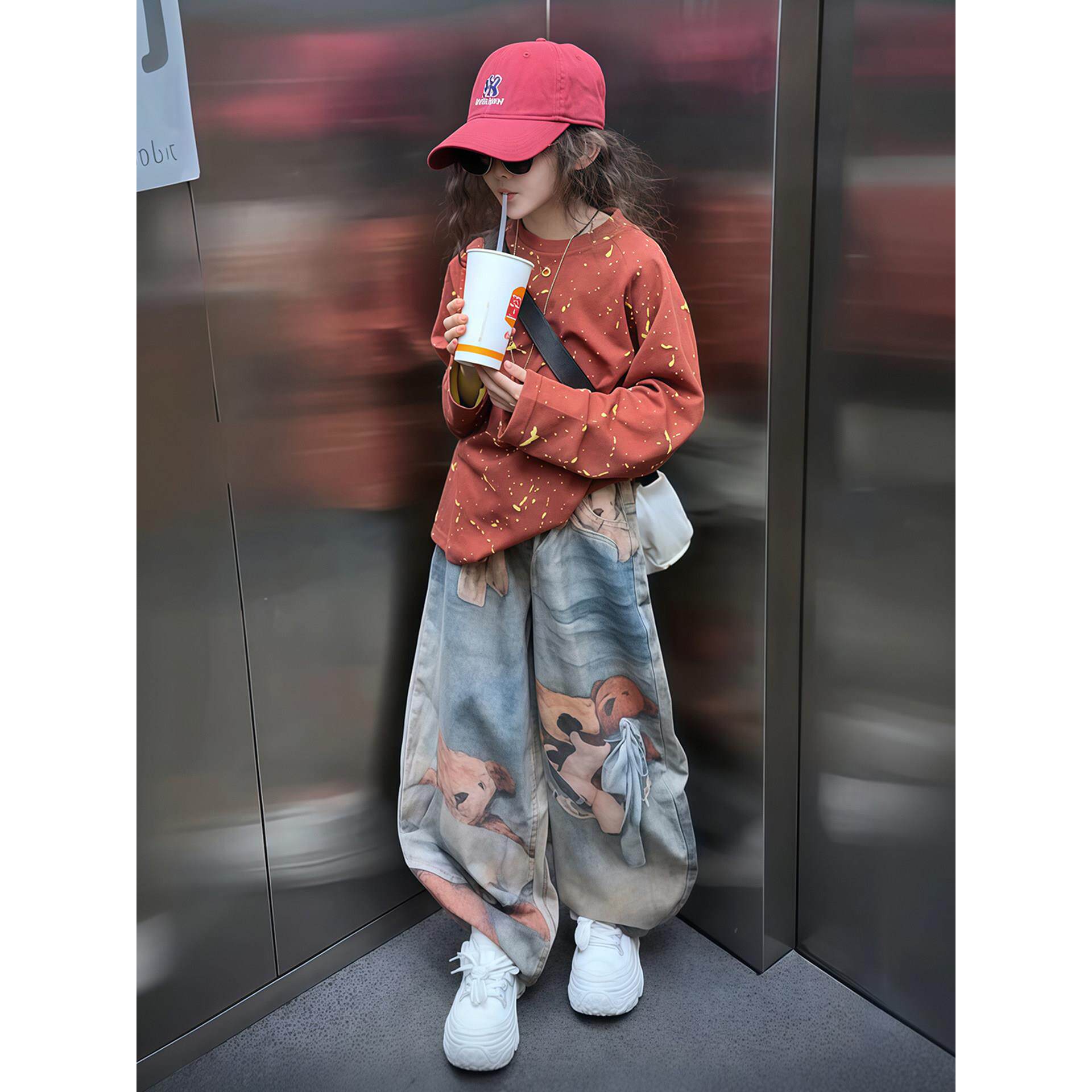 女童套装春夏款2026新款儿童洋气长袖打底衫女大童春季韩版牛仔裤