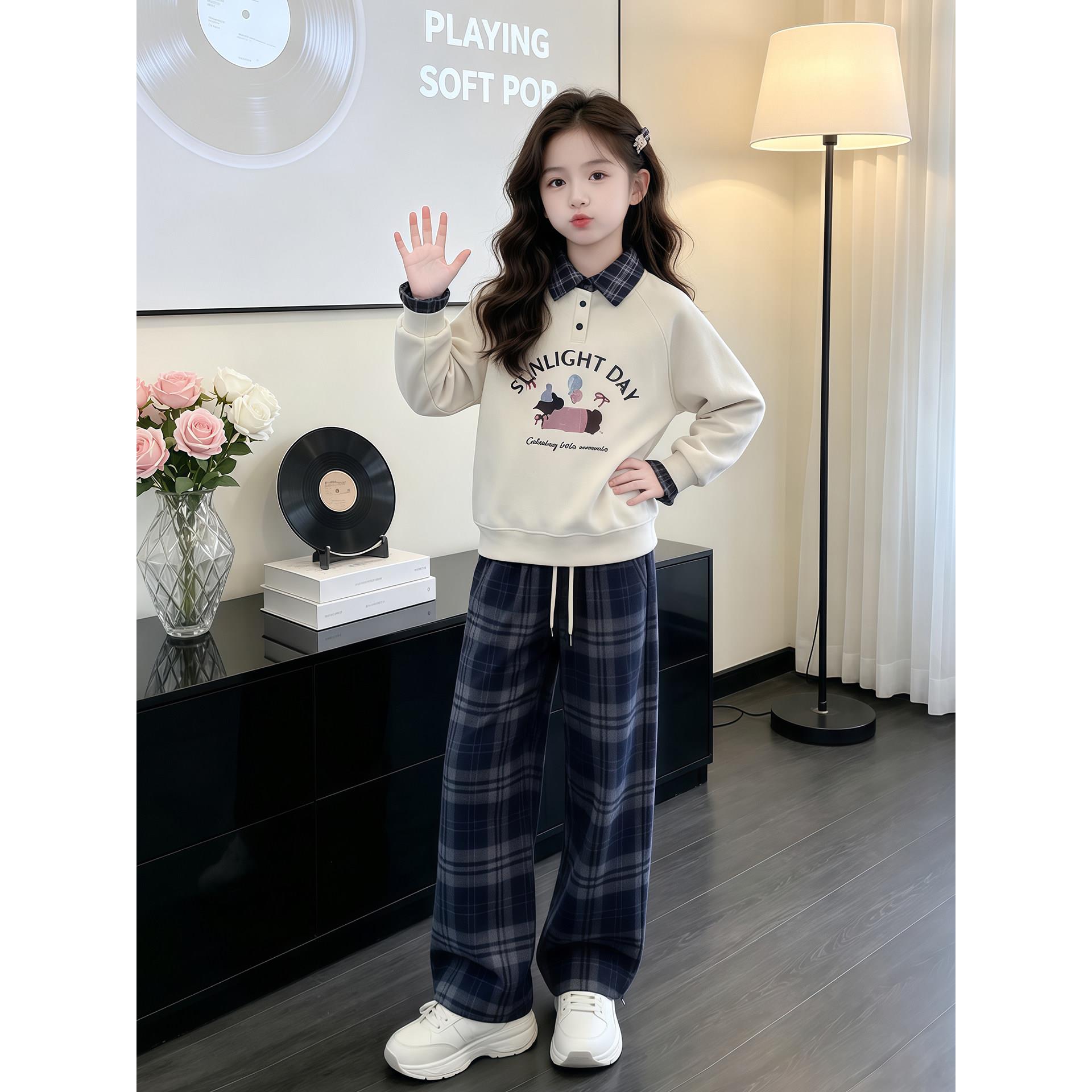 女童春秋款套装2026新款儿童洋气POLO领卫衣秋装格子阔腿裤两件套