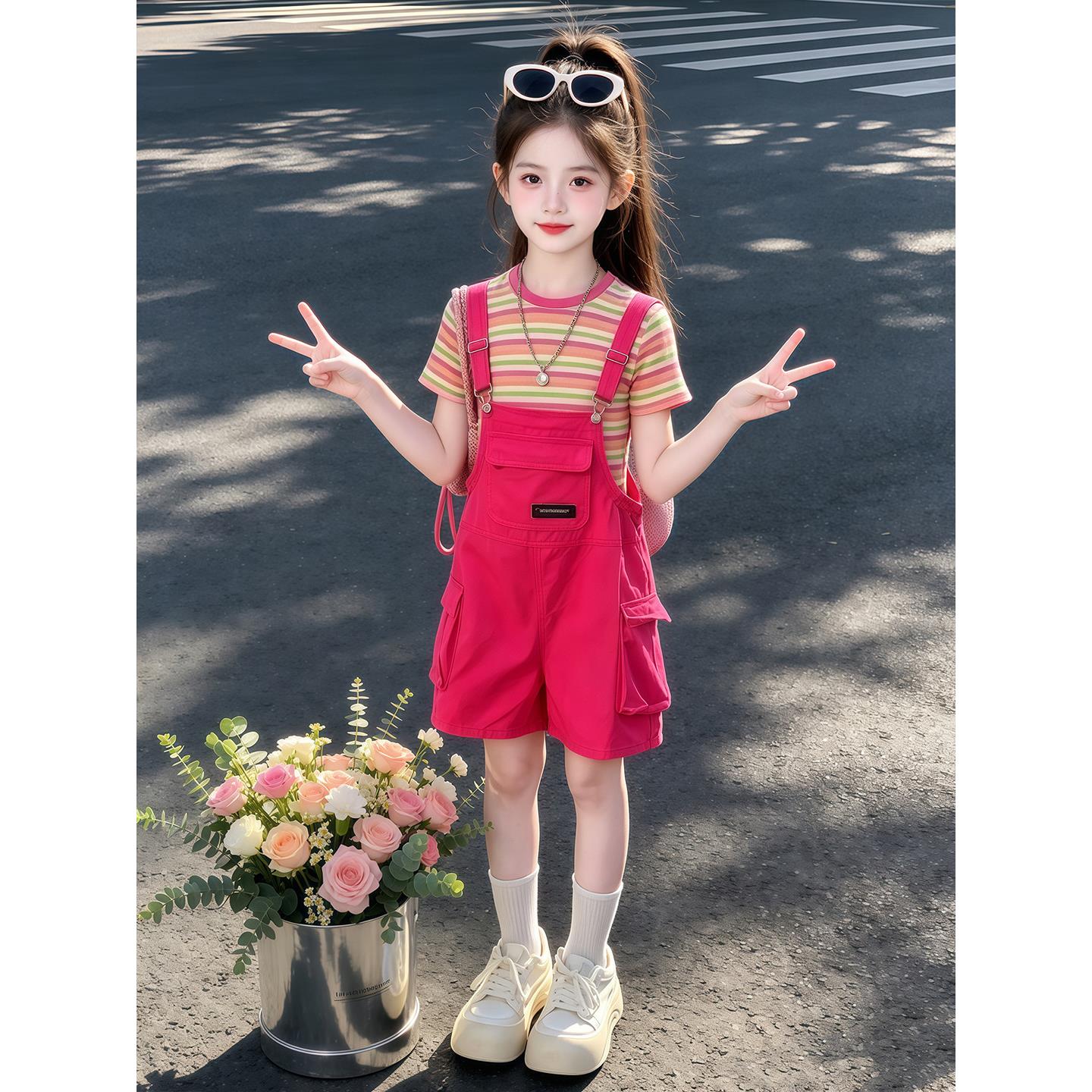 女童背带裤套装夏季2026新款儿童洋气女孩夏装条纹短袖T恤两件套