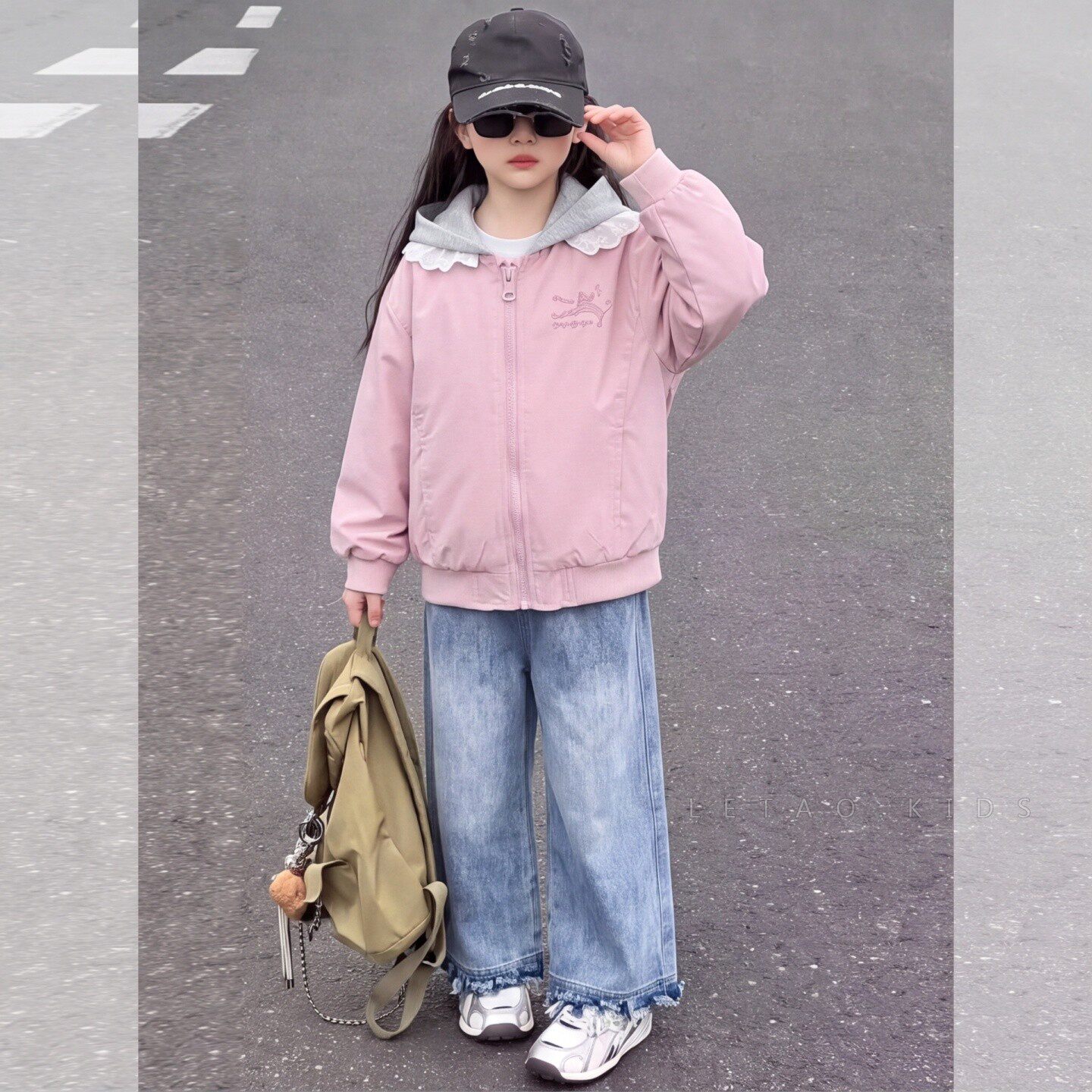 女童春秋连帽拉链花边夹克外套