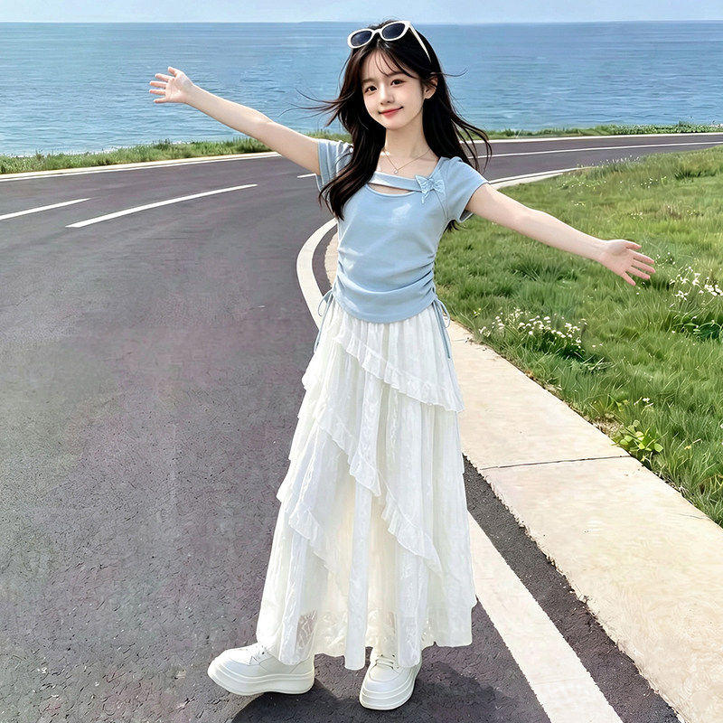 女大童夏季小清新套装2026新款中大童韩系甜美短袖T恤蕾丝半身裙