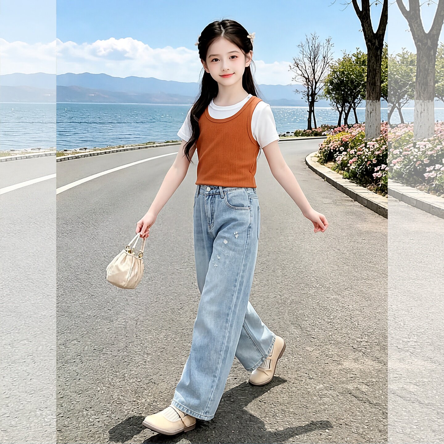 女童夏季浅色破洞阔腿牛仔裤中大童高腰宽松直筒裤薄款百搭长裤夏