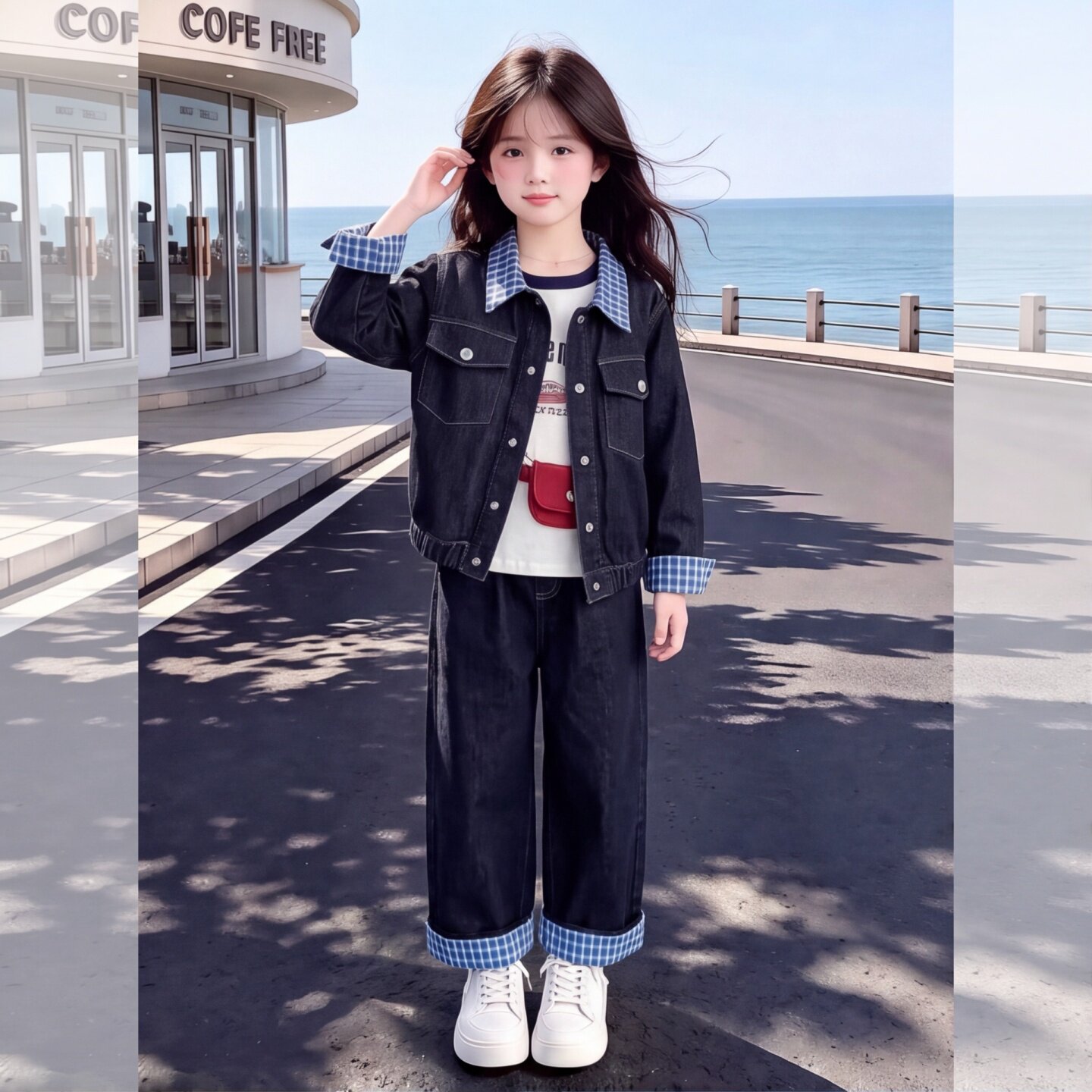 女童格子牛仔套装秋季2025新款韩