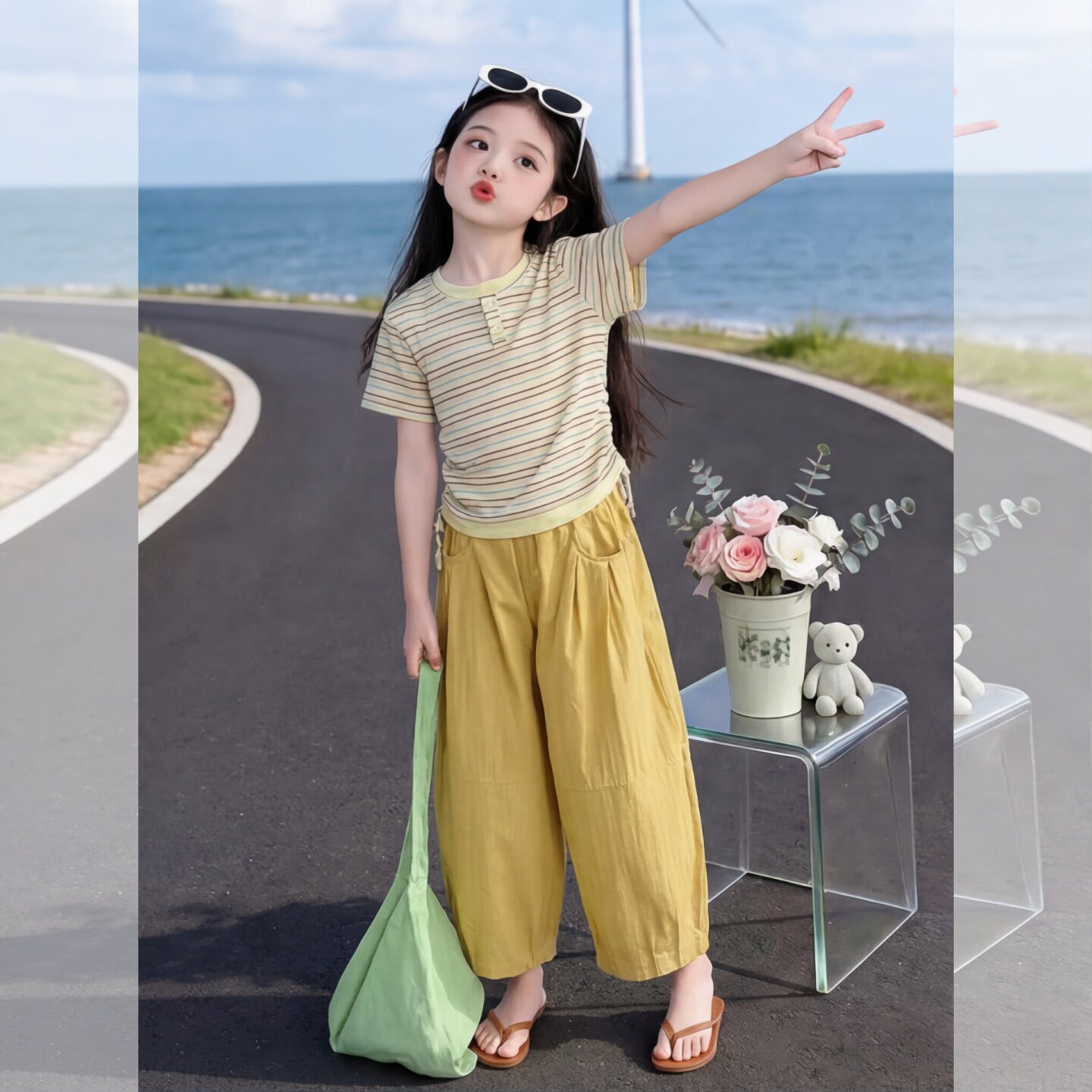 女童夏季假两件条纹T恤两件