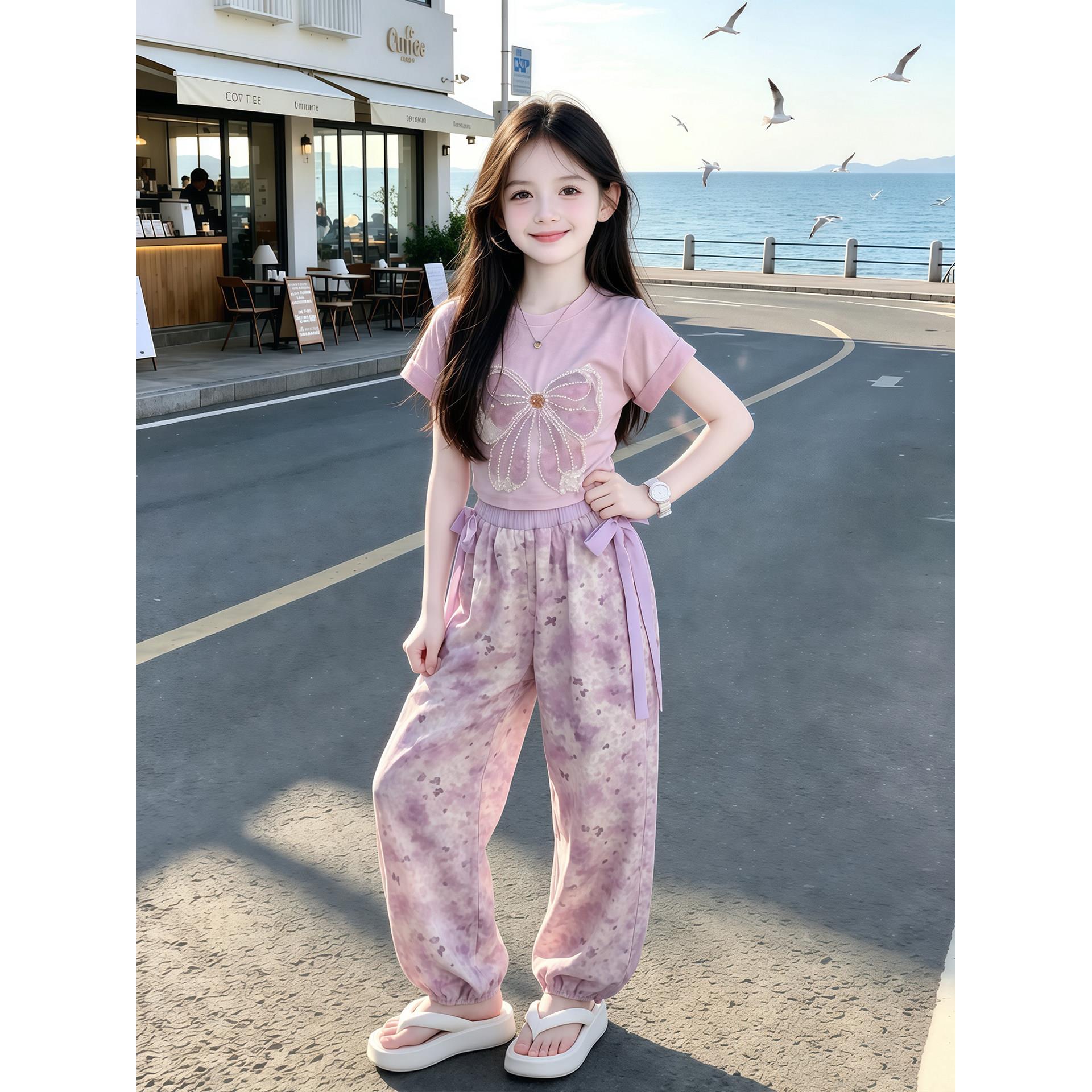 女童夏季套装2026新款儿童烫钻短袖T恤女孩夏装碎花防蚊裤两件套