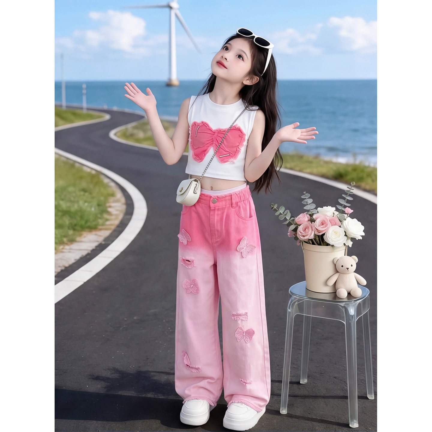 女童破洞渐变牛仔裤夏季2026新款
