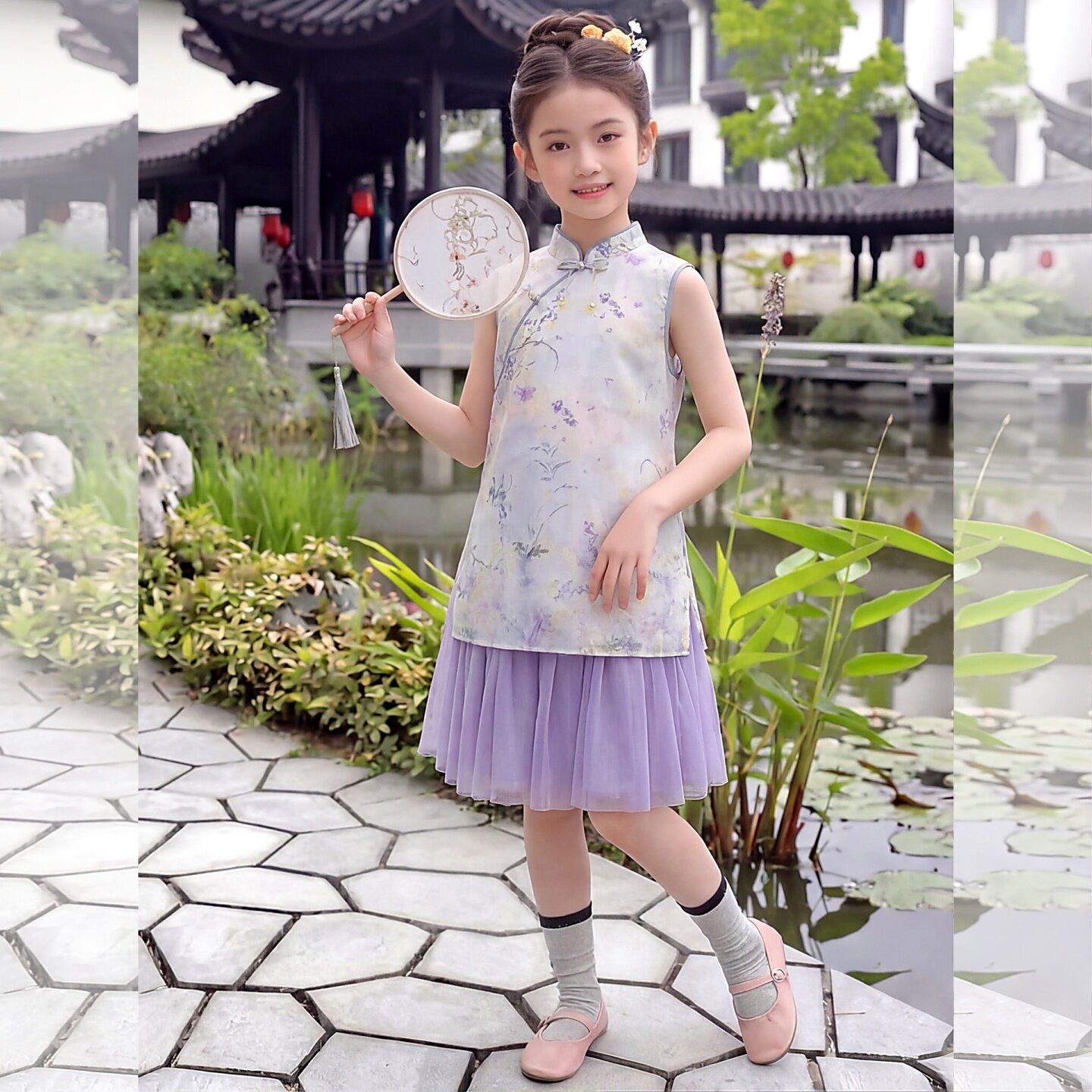 女童新中式旗袍假两件连衣裙夏季