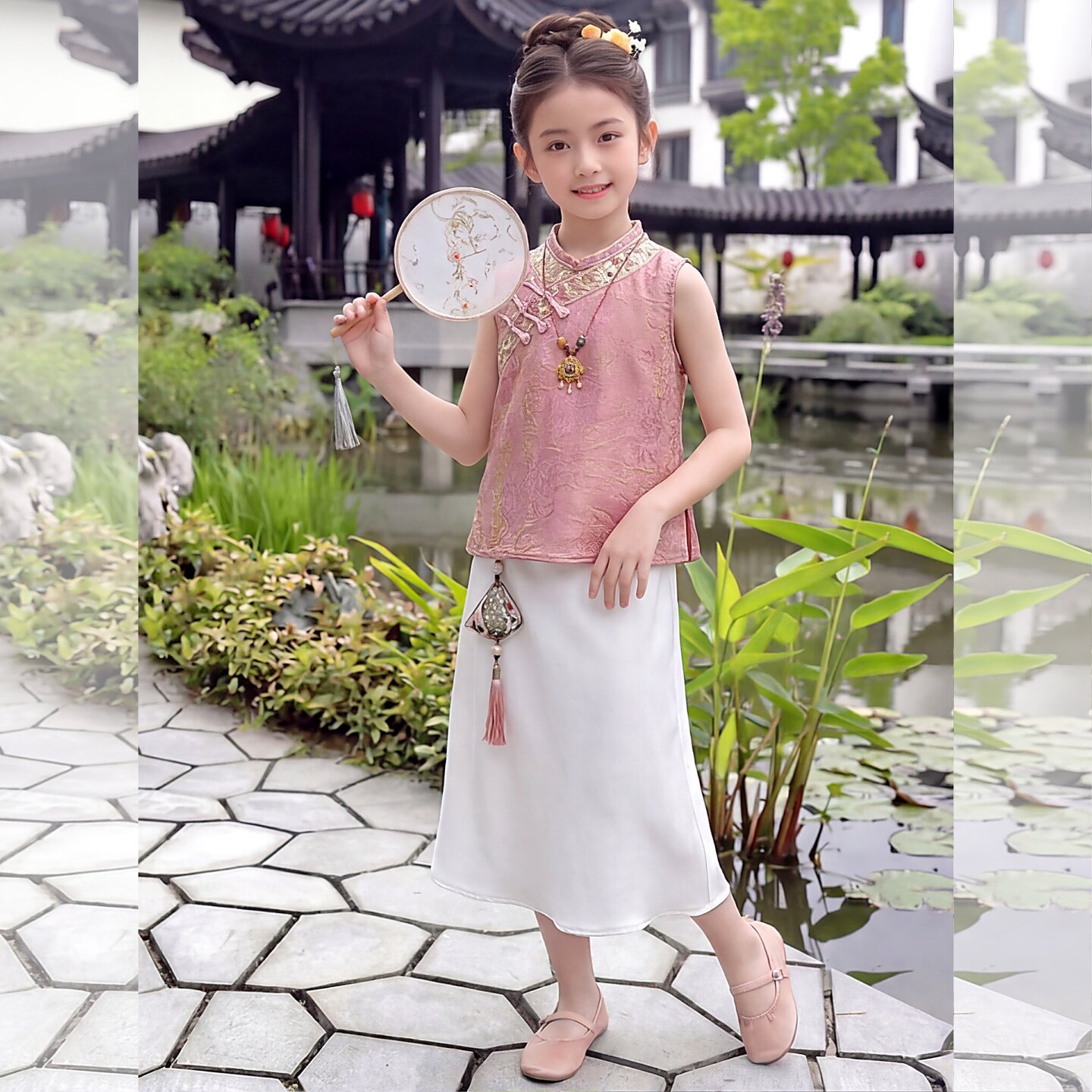 女童新中式套装2026新款儿童装国风无袖上衣半裙中大童旗袍两件套