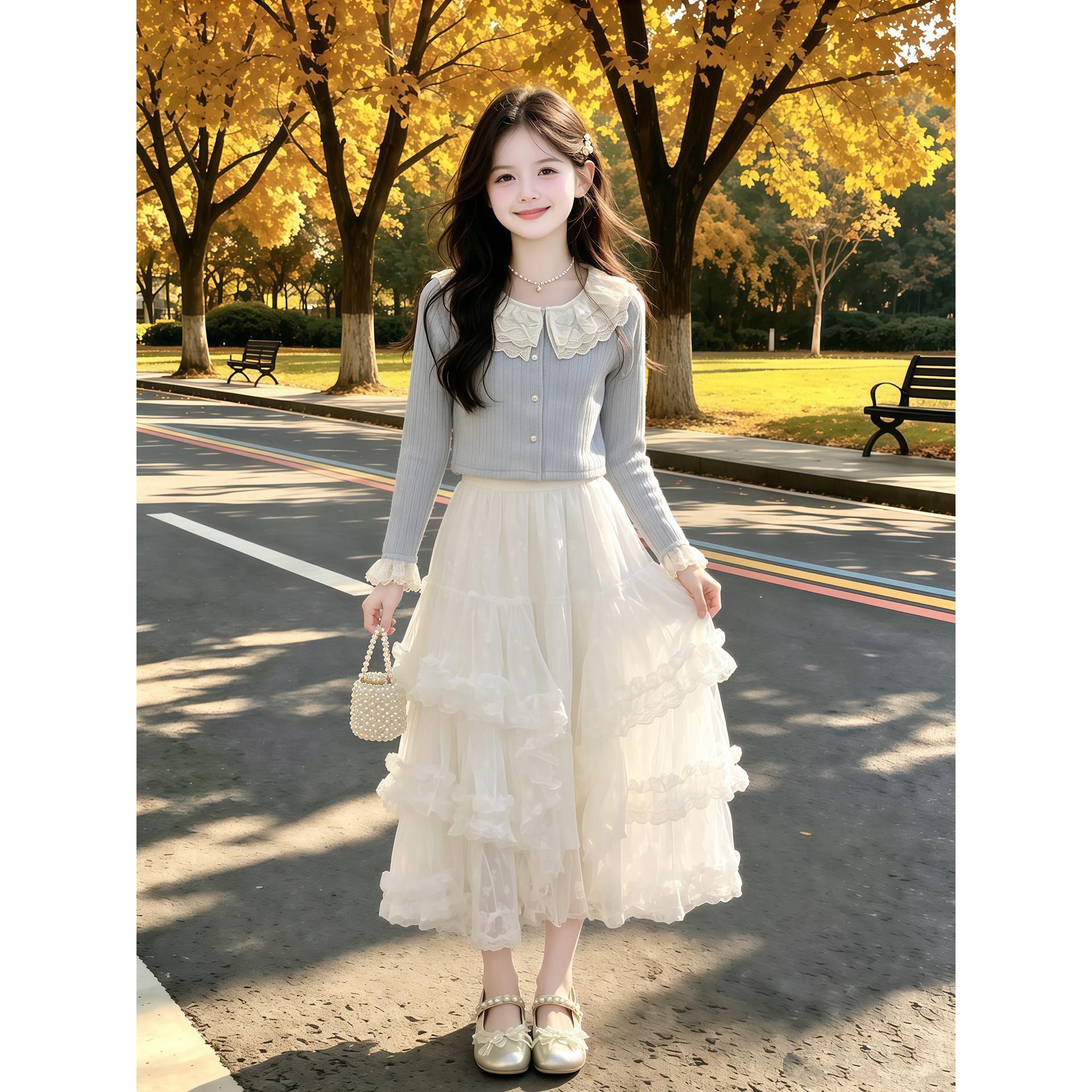 女童春秋款小香风套装2026新款儿童洋气花边开衫蕾丝半身裙两件套