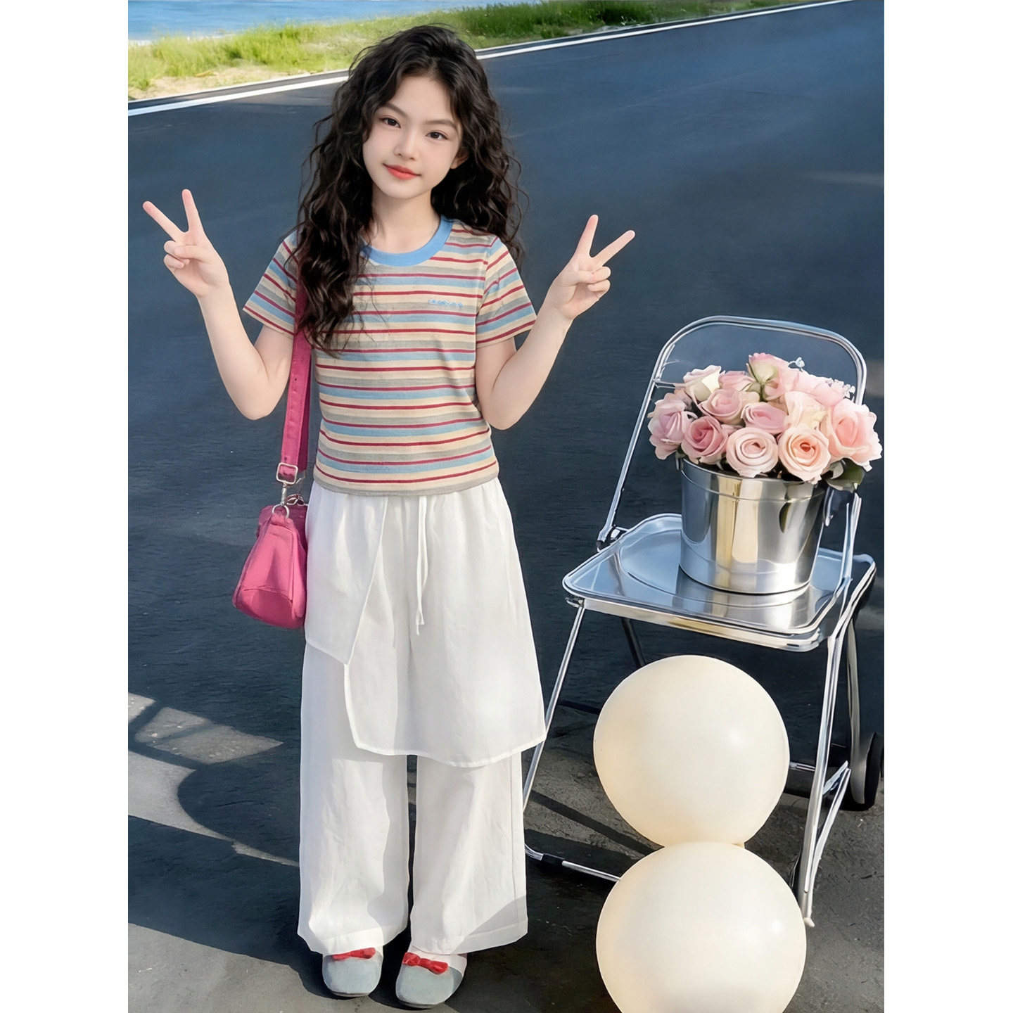 女童夏季短袖白色屁帘裤两件套装