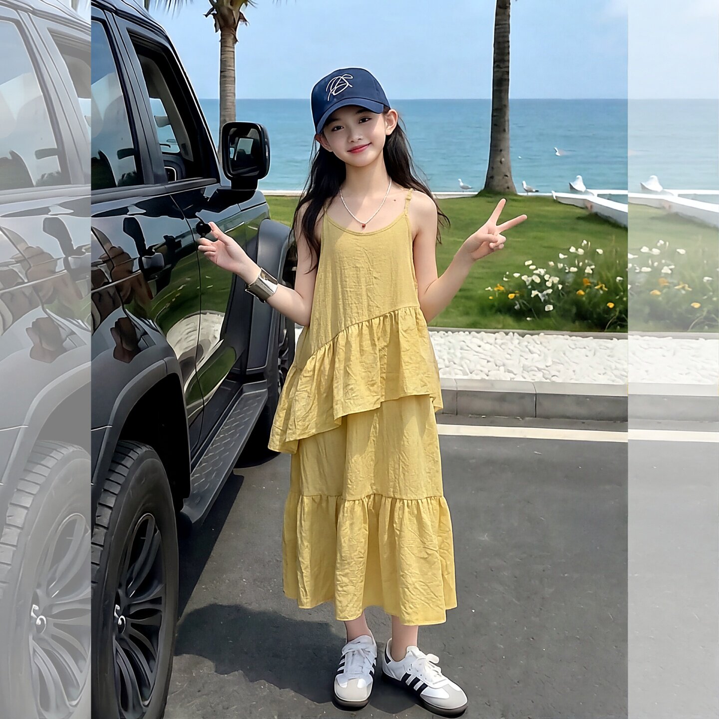 女童夏装荷叶边休闲吊带连衣长裙