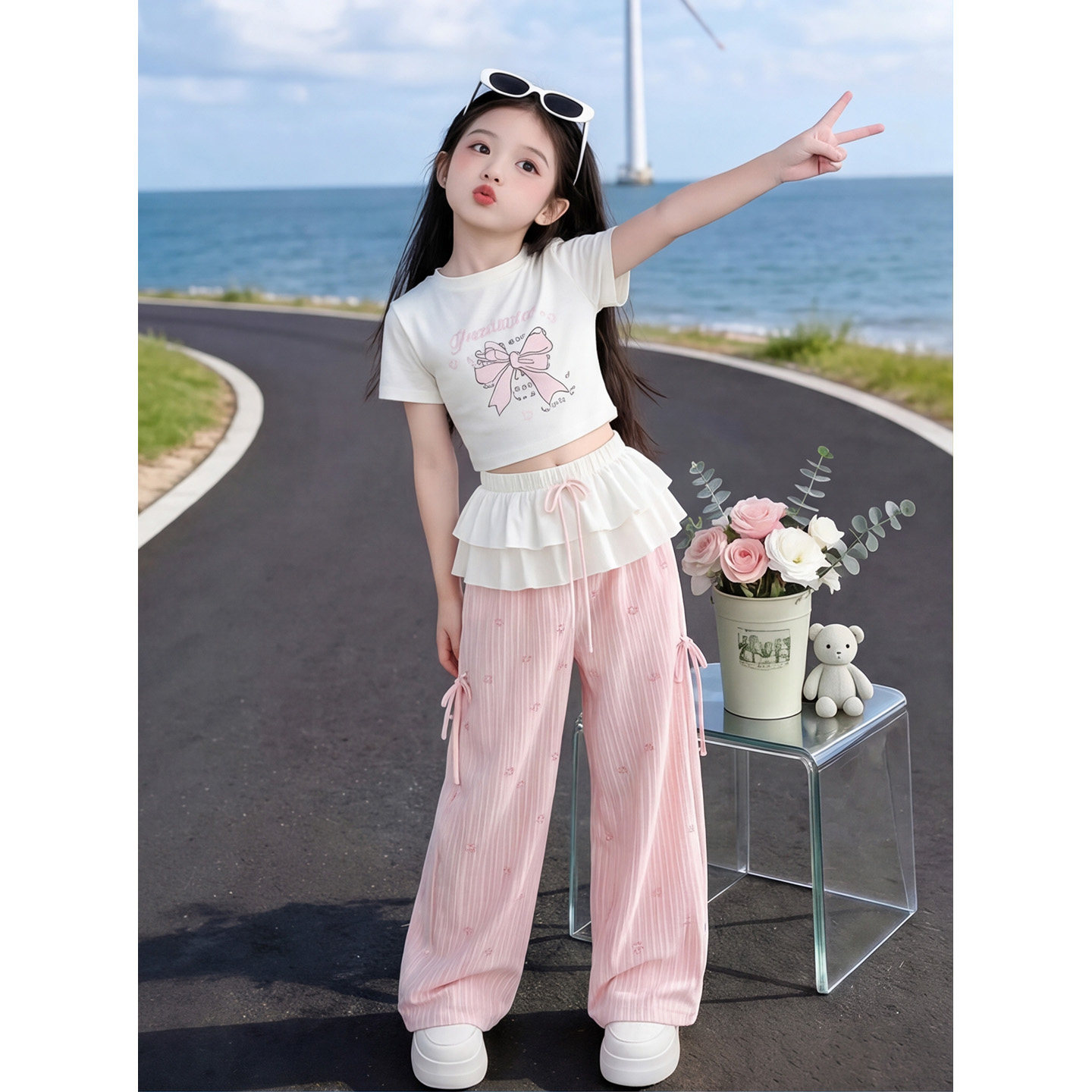 女童夏季套装大童蝴蝶结印花短款