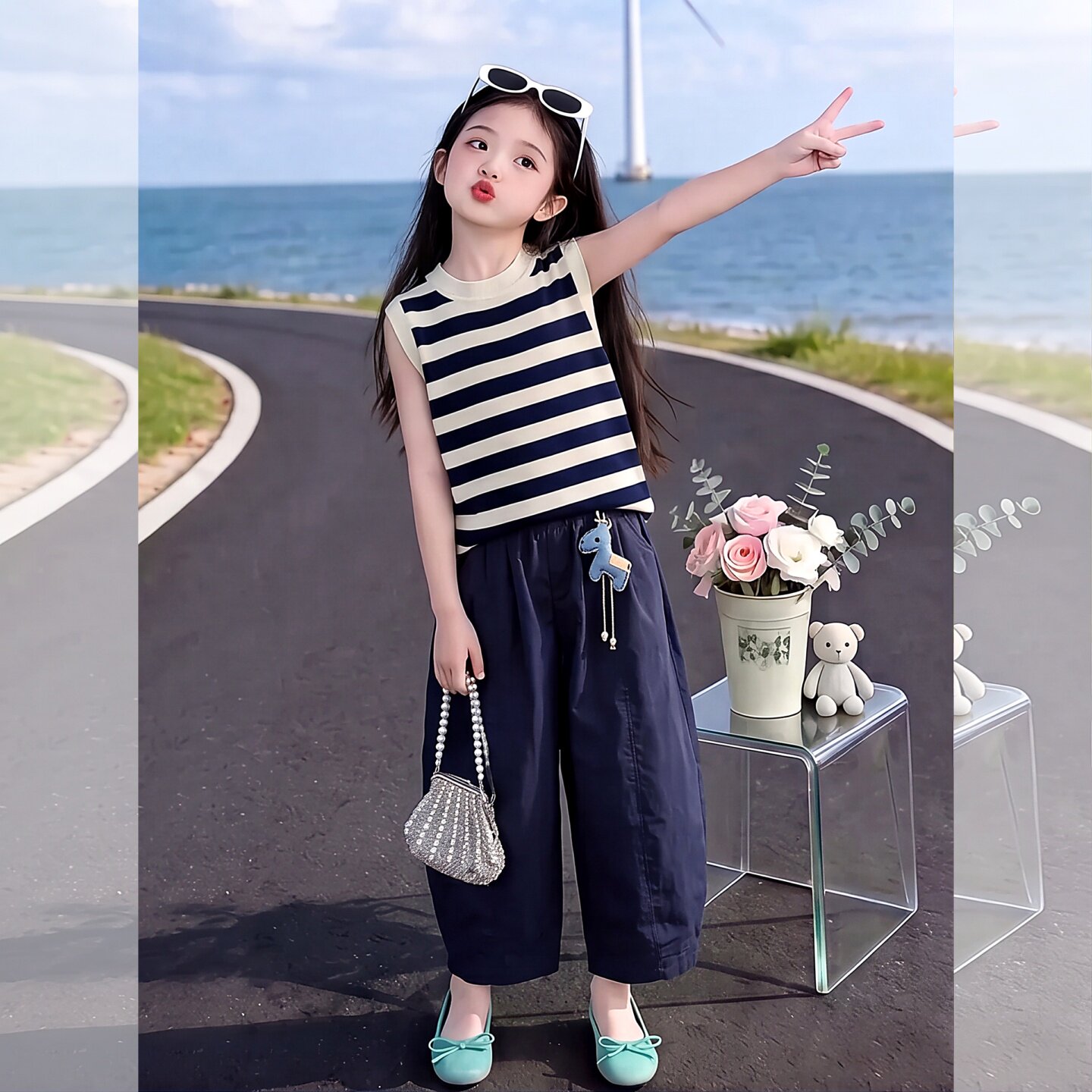女童条纹飞袖上衣九分裤套装2026